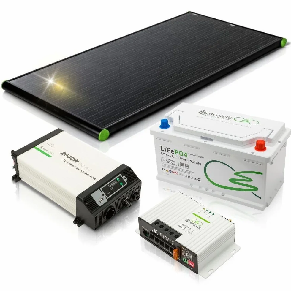 Kit Fotovoltaico Camper 200W Max con Batteria Litio e Inverter – Pannello Black Boost + MPPT 25A Bluetooth + Batteria LiFePO₄ 12V 100Ah + Inverter Onda Pura 2000W – MOSCATELLI