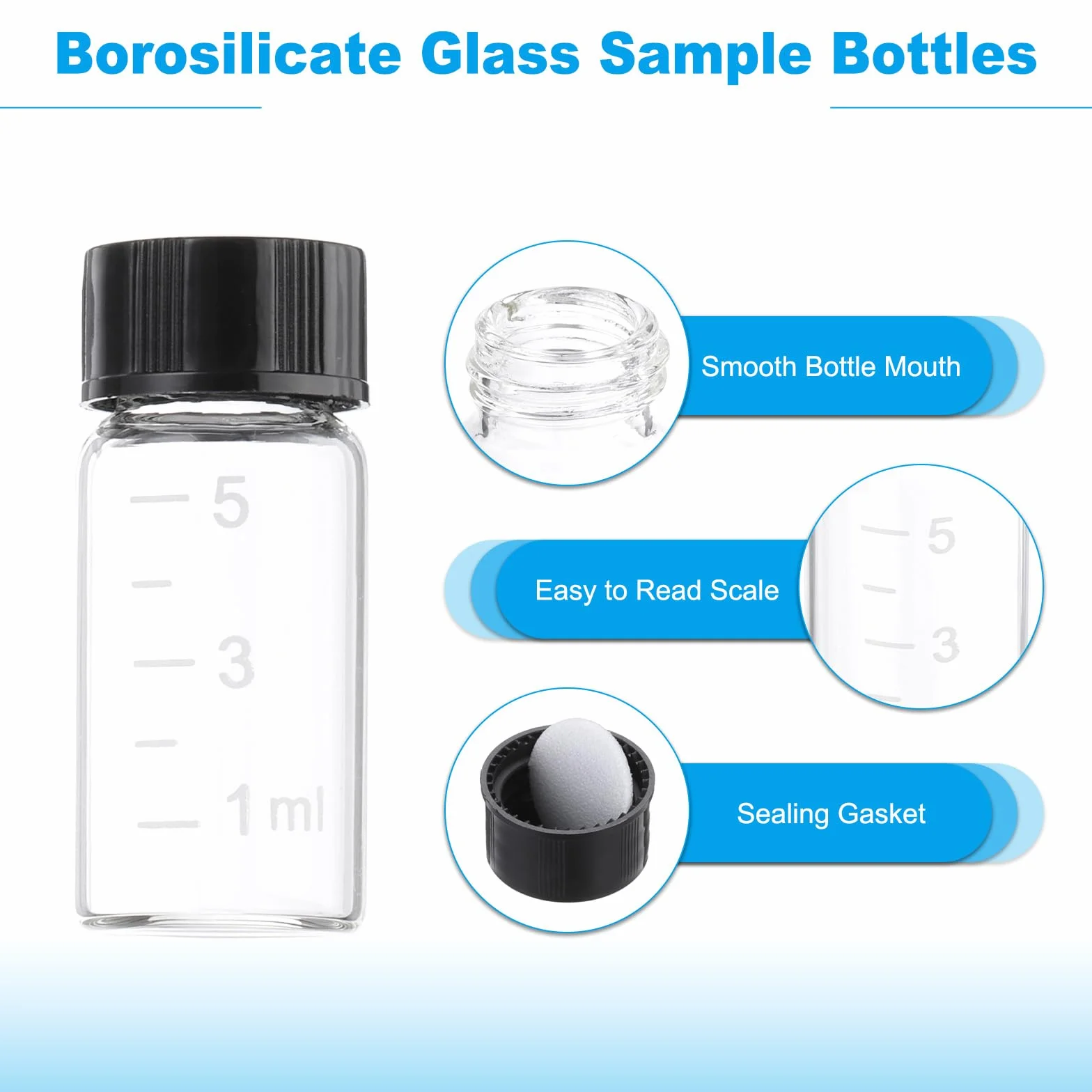 PATIKIL 6pz 5ml Piccoli Viali in Vetro Trasparente con Tappo a Vite Nero, Bottiglie di Campionamento in Vetro Borosilicato Graduato per Conservare Solidi Liquidi Polveri