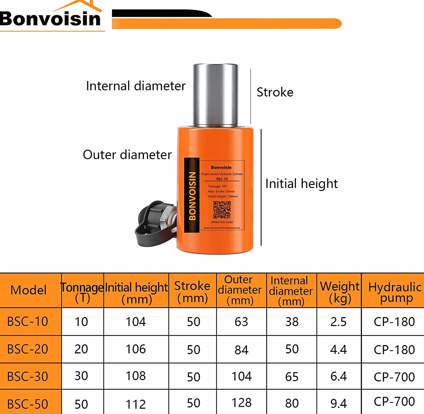Bonvoisin 20T Martinetto Idraulico, Sollevamento da 50mm, Altezza 106mm, per La Costruzione di Macchinari/Ponti/Edifici (RSC-20T)