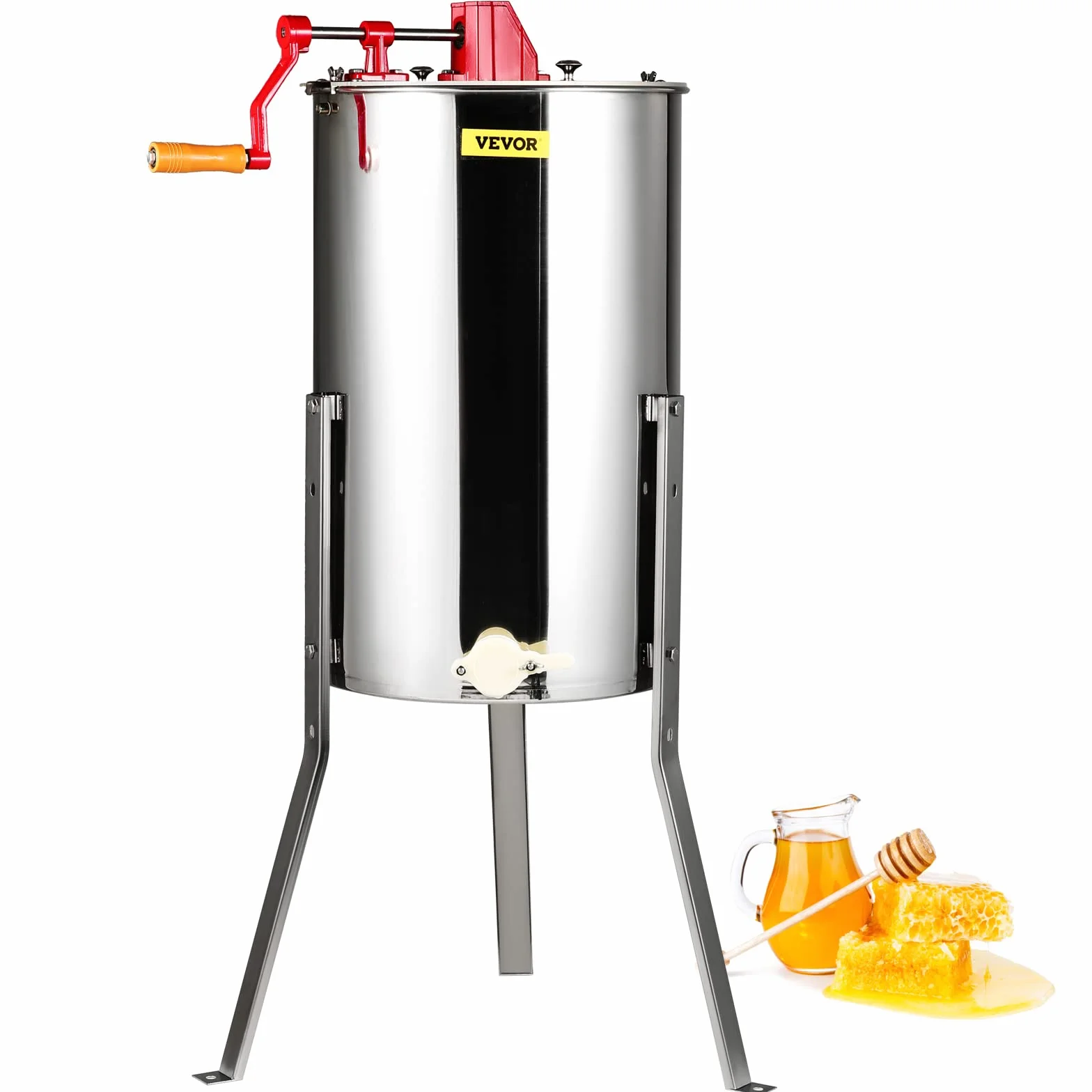 VEVOR Estrattore di Miele Manuale in Acciaio Inox, 3 Favi, Smielatore Centrifuga per Apicoltura, Coperchio Trasparente, Altezza Regolabile 100-108 cm
