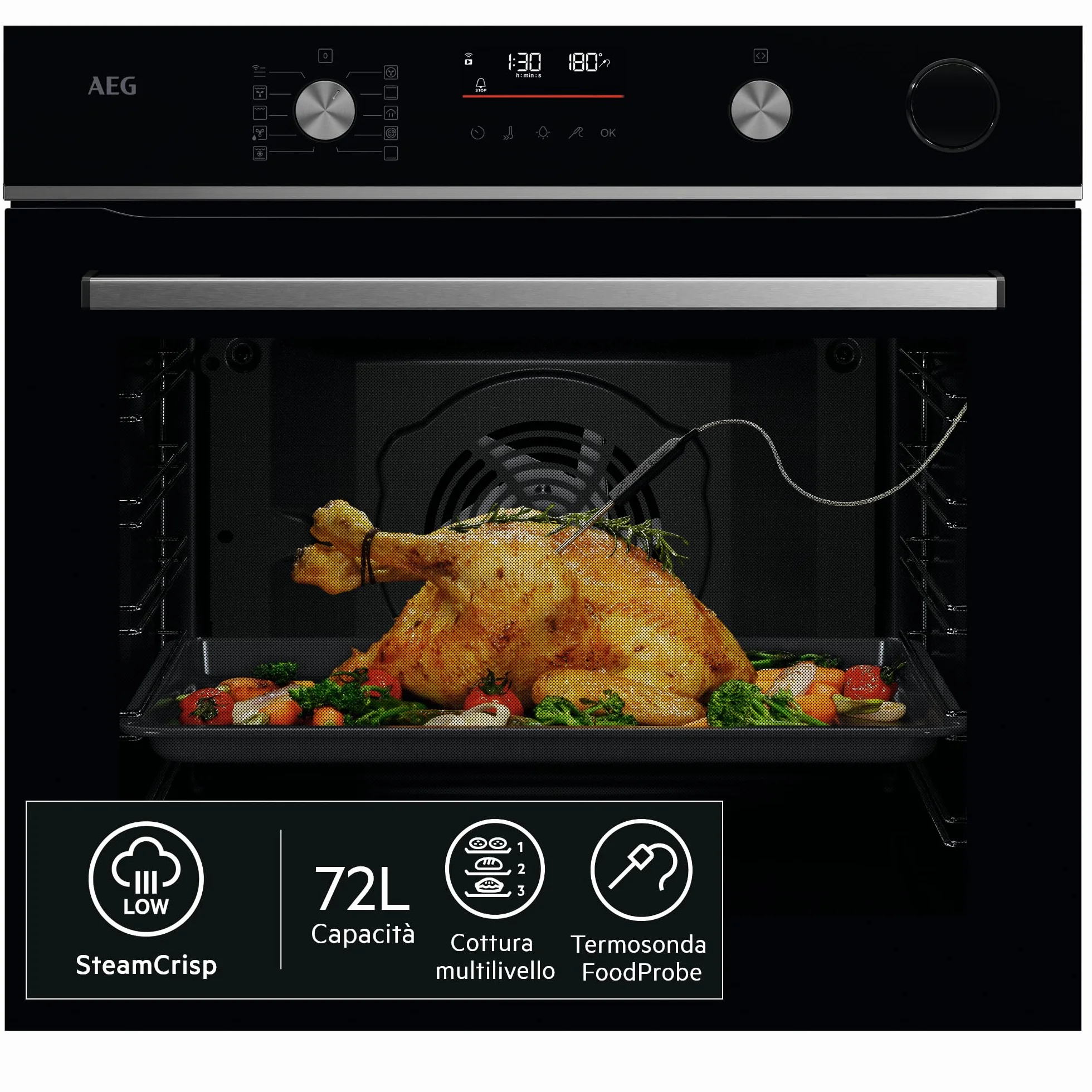 AEG OR6PB51WSB Forno a Vapore SteamCrisp da Incasso, Serie 6000, 72 L, SenseCook Multifunzione con Cottura a Vapore, Pulizia Pirolitica, 9 Programmi, Display LED