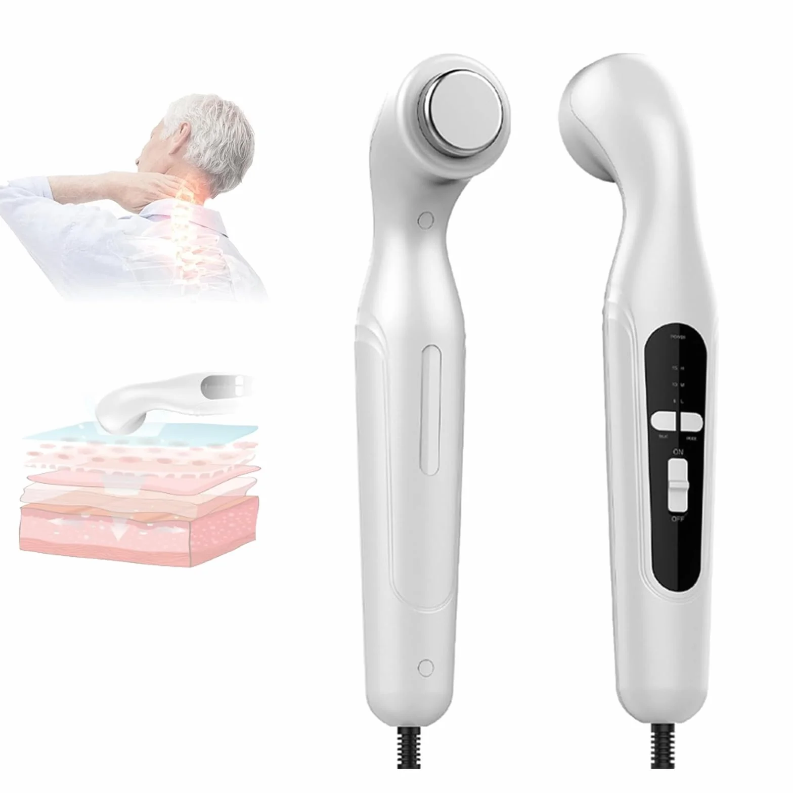 Dispositivo di terapia ad ultrasuoni, portatile, a ultrasuoni, per la terapia del dolore e l'artrosi, 42 °C, 3 marce, massaggiatore ultrasonico per dolori muscolari e alla schiena (bianco)