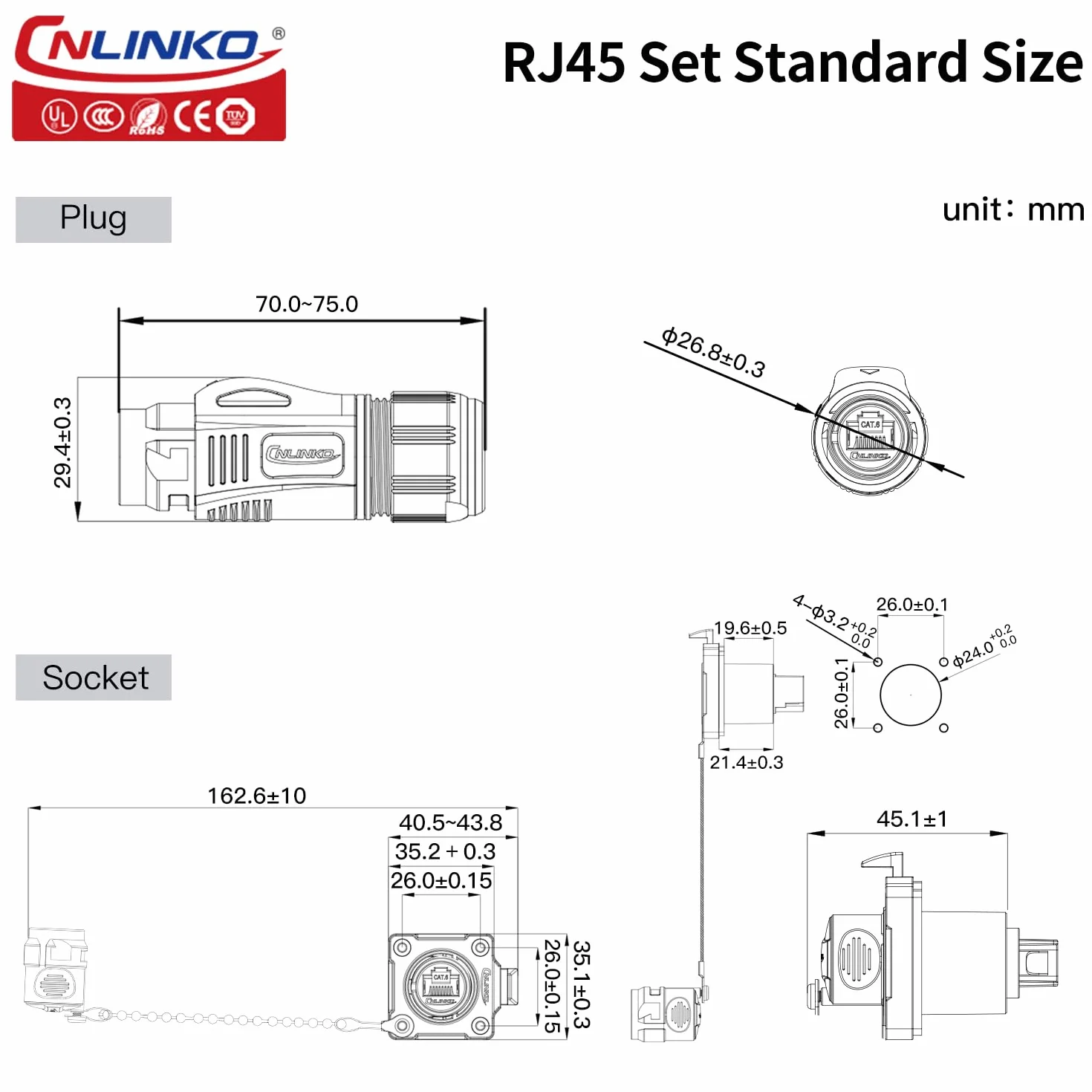 CNLINKO BD-24 Connettore RJ45 a Doppia Porta 8P8C, Ethernet CAT6, Presa a Pannello, Impermeabile IP68, M24 (Set RJ45)