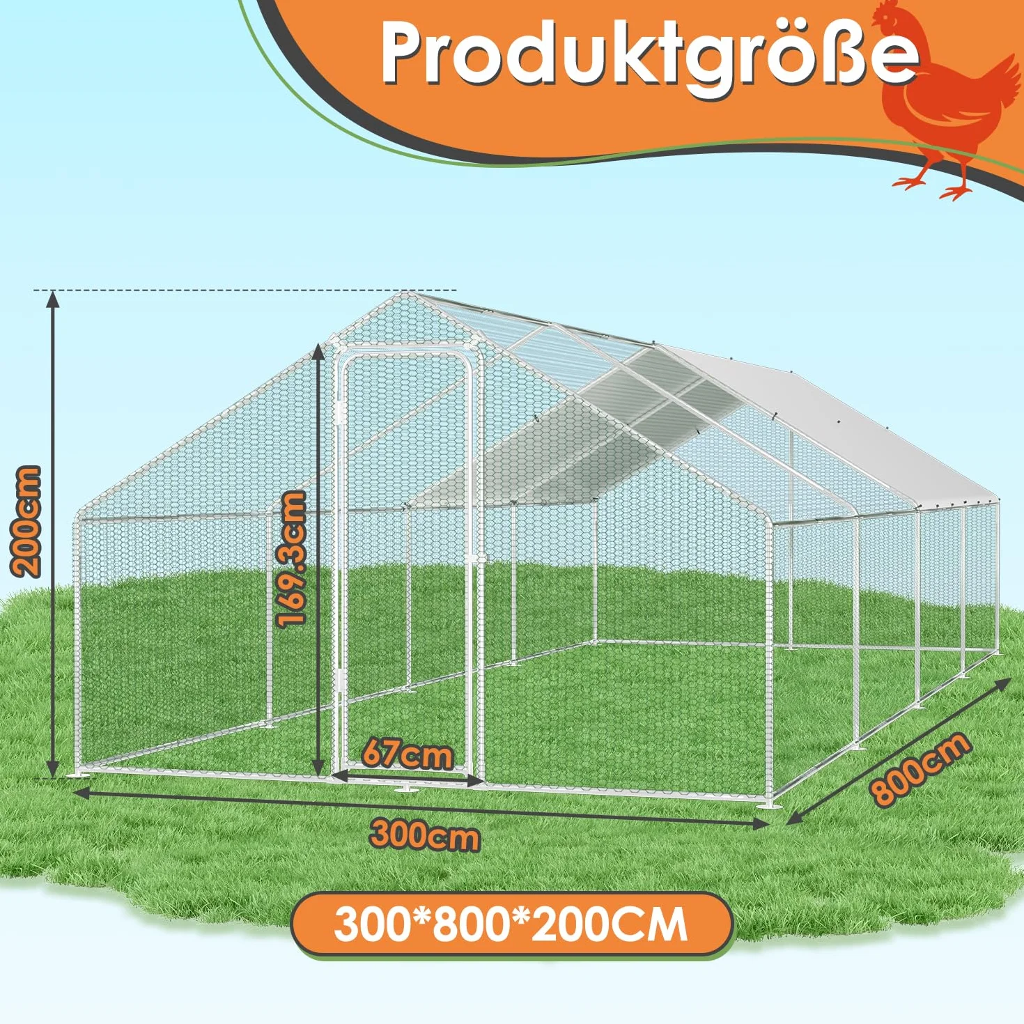 Randaco 3 x 8 x 2 m, gallina a ruota libera, XXL in acciaio zincato, con tetto parasole e porta per animali domestici, gabbia per uccelli, piccoli animali, con lucchetto