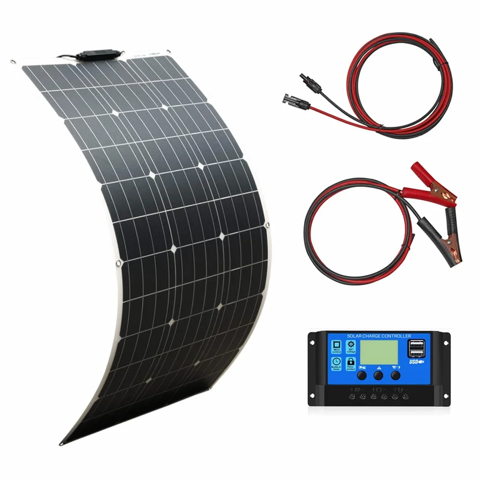 Pannello solare flessibile kit 100 W 12 V pannello solare caricabatterie con controller solare 10 A per roulotte, camper, auto e per caricare batterie da 12 V (100)