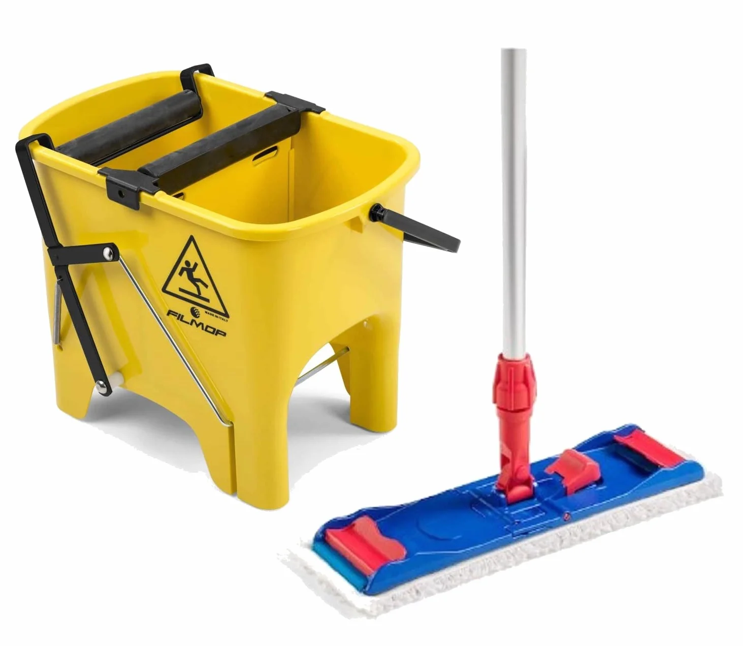 Kit secchio lavapavimenti Filmop Ro-Cket con strizzatore a pedale + 1 telaio pieghevole + 1 Mop Speedy in Microfibra. Lavi. strizzi e non pieghi la schiena.