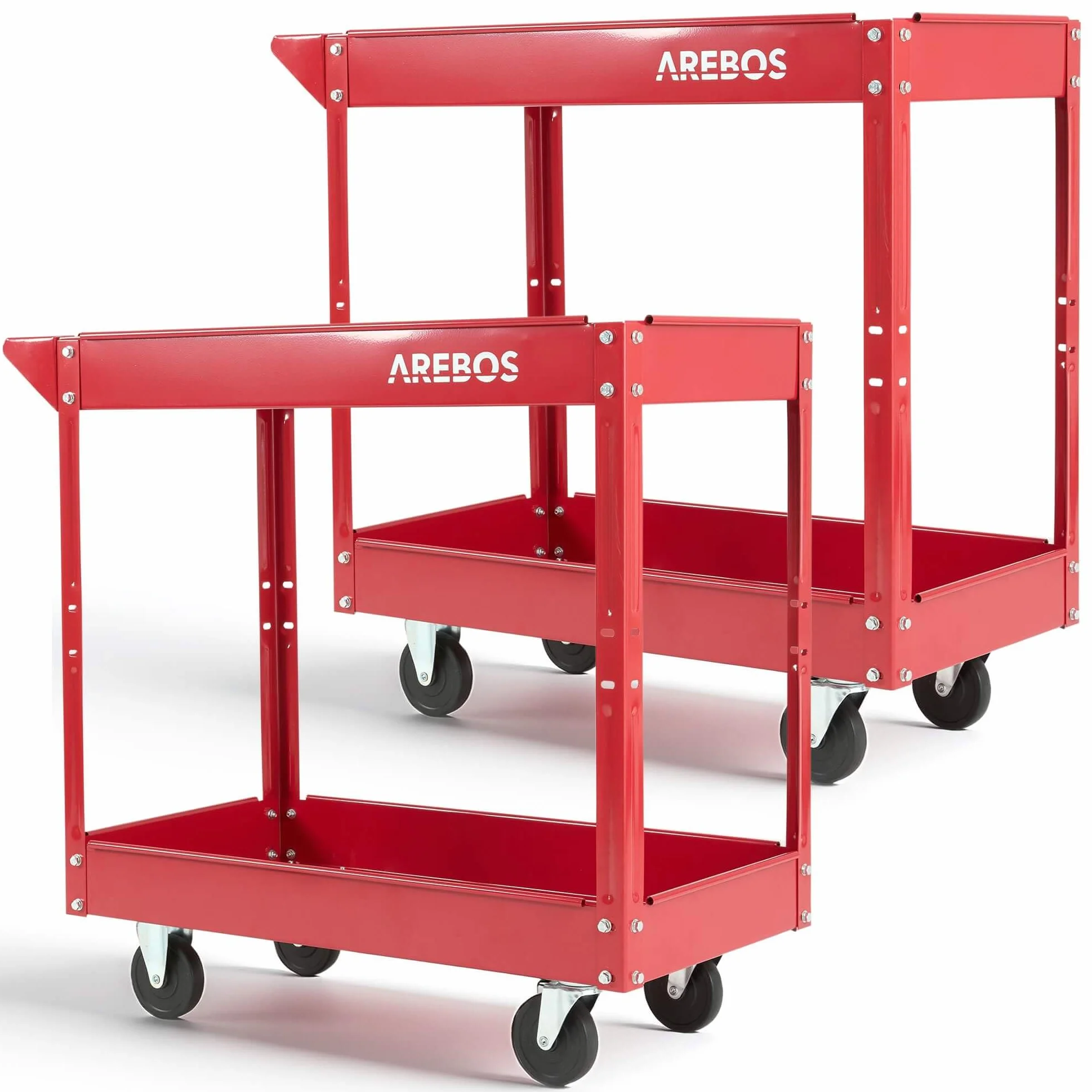 Arebos Set da 2 Carrelli da Officina | Portautensili con 2 Ripiani | Struttura in Acciaio Robusta | Portata fino a 100 kg | Carrello Mobile per Officina, Garage e Fai da Te