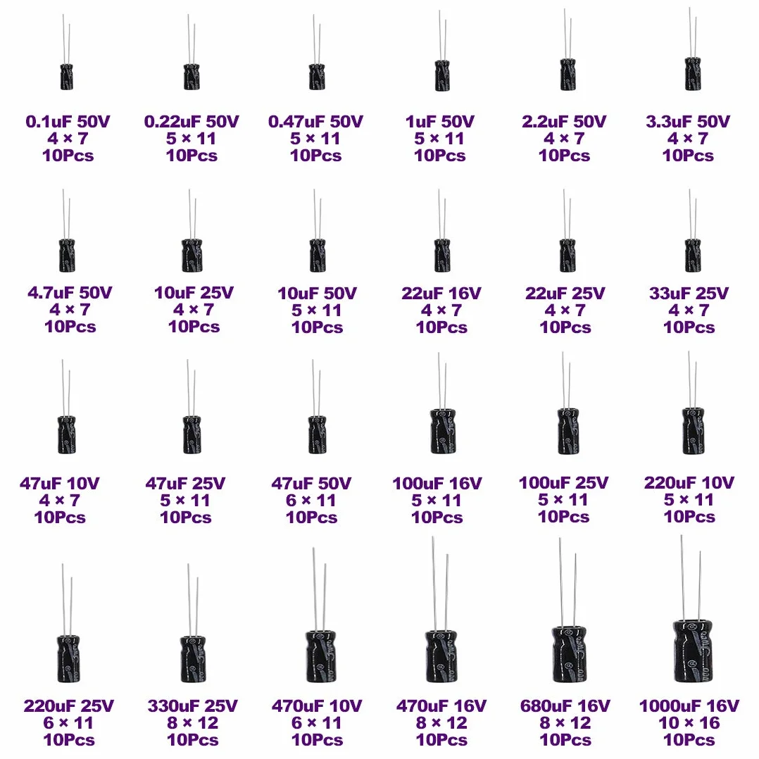 Swpeet - 240 condensatori elettrolitici diversi, gamma 0.1uF-1000uF, kit di assortimento, 10 V/16 V/25 V/50 V