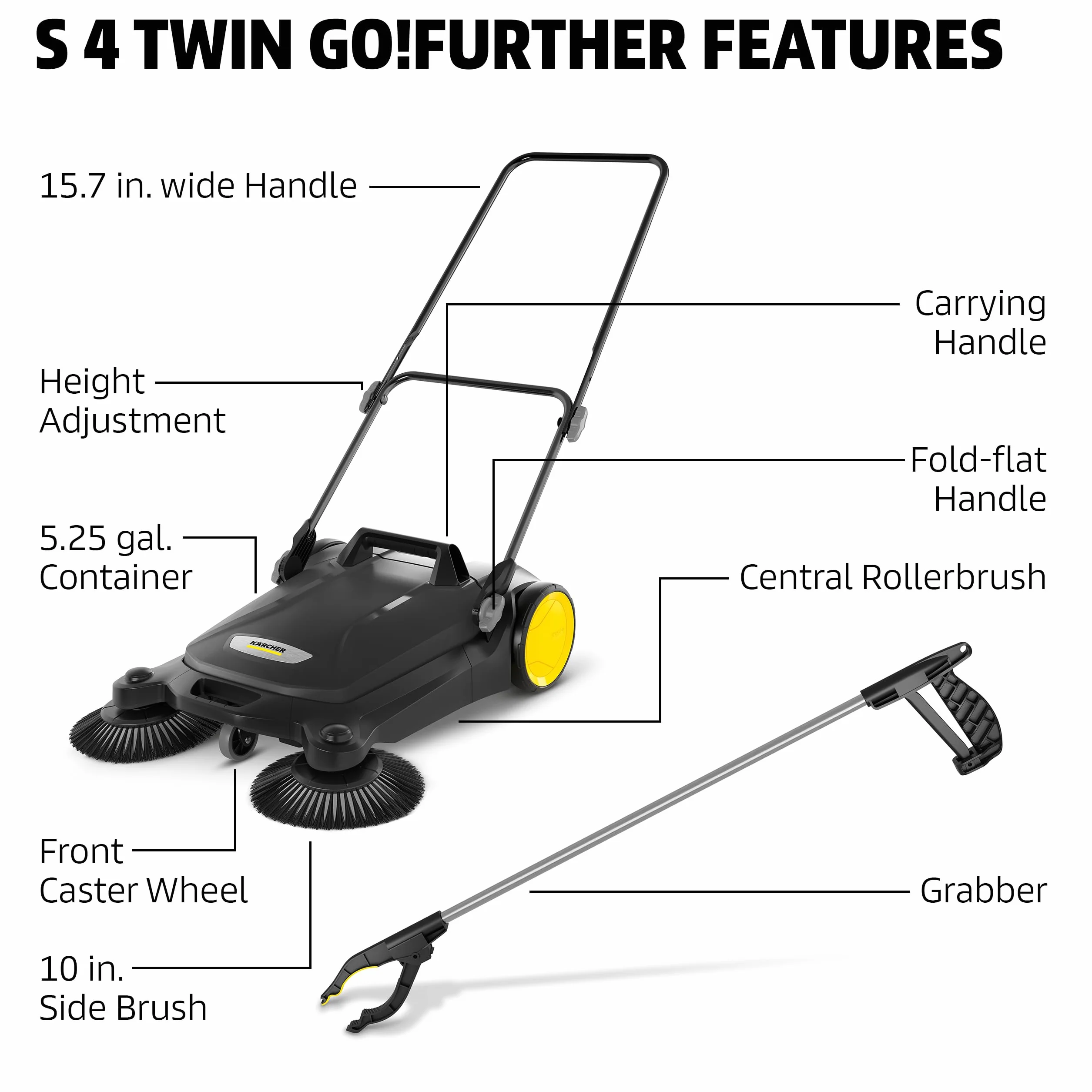 Kärcher Spazzatrice manuale S 4 Twin eco!Power per officine, marciapiedi, vialetti o garage con raccogli detriti, capacità 20 LITRI, larghezza spazzata 68,1 cm