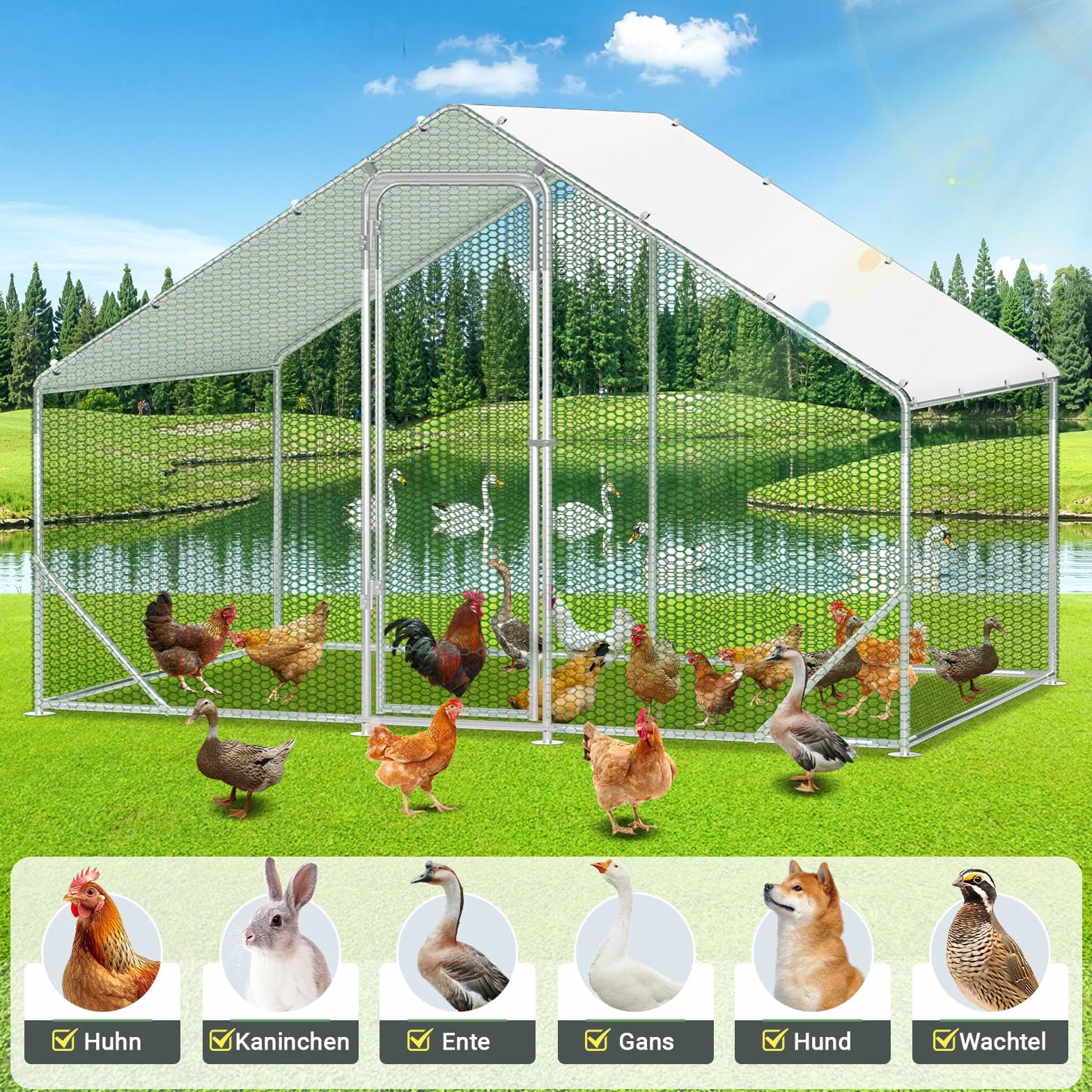 Pollaio 3x4x2m Recinto con Serratura Acciaio Zincato Recinto da Esterno Gabbia per Galline, Piccoli Animali, Gabbia per Uccelli