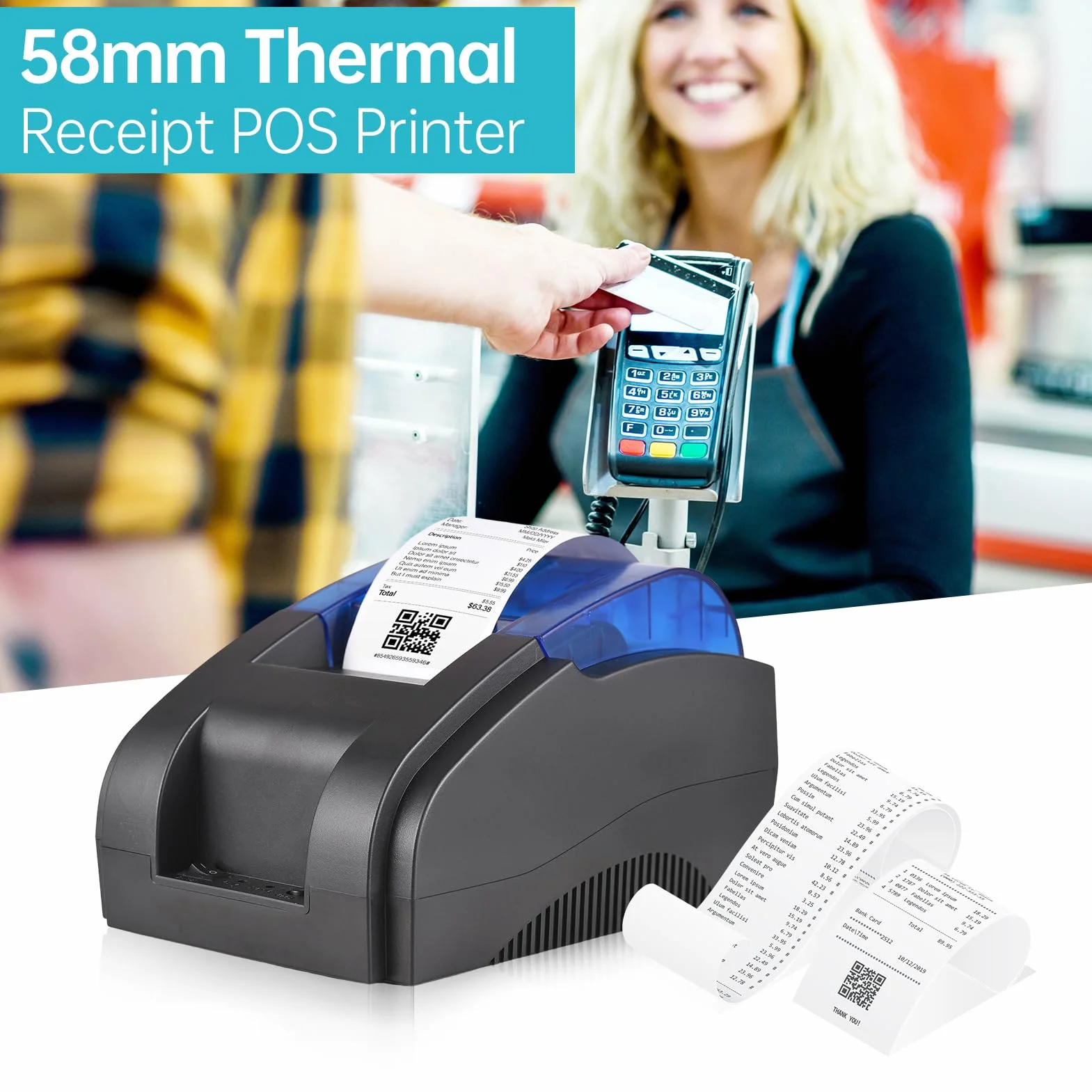 Bisofice Stampante termica 58 mm per Scontrini, Stampante Portatile Bluetooth & USB, Compatibile con Android/Windows, Supporto ESC/POS, per Vendita al Dettaglio
