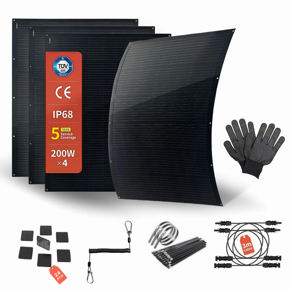 SAT-200-F8MP 800 W Set di Pannelli Solari Flessibili, 4 x 200 W | Celle monocristalline da 15,3 V, finitura nera opaca, peso 3 kg, protezione IP68, accessori di montaggio e cavo DC inclusi
