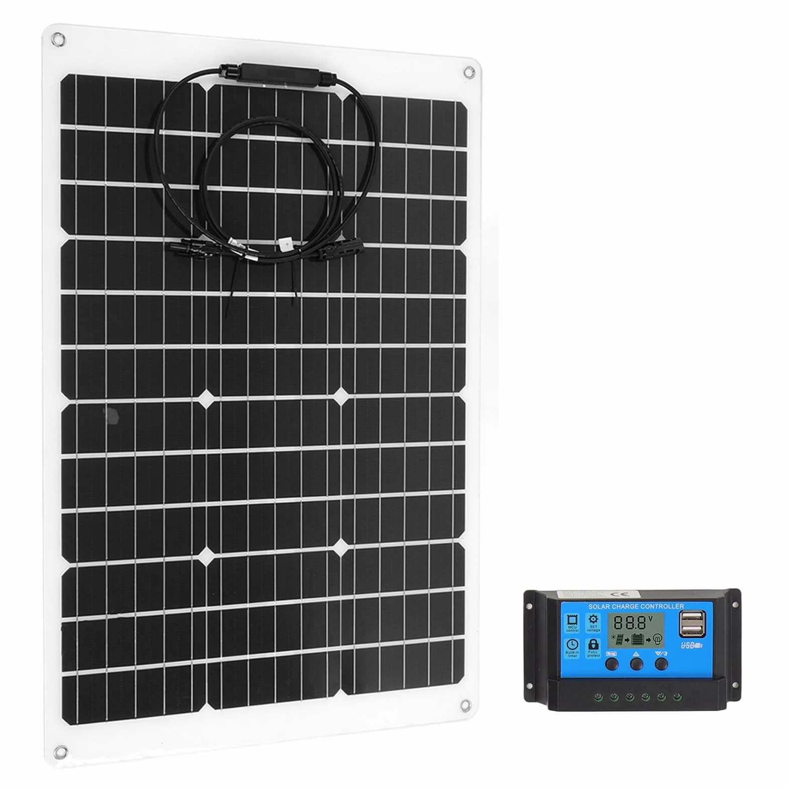 Aramox Kit Pannello Solare Flessibile, Set Pannello Solare Controller PET Monocristallino 70W 20V 4A con Diodo di Blocco Controller 40A per Tenda Cabina Barca Batteria 12V