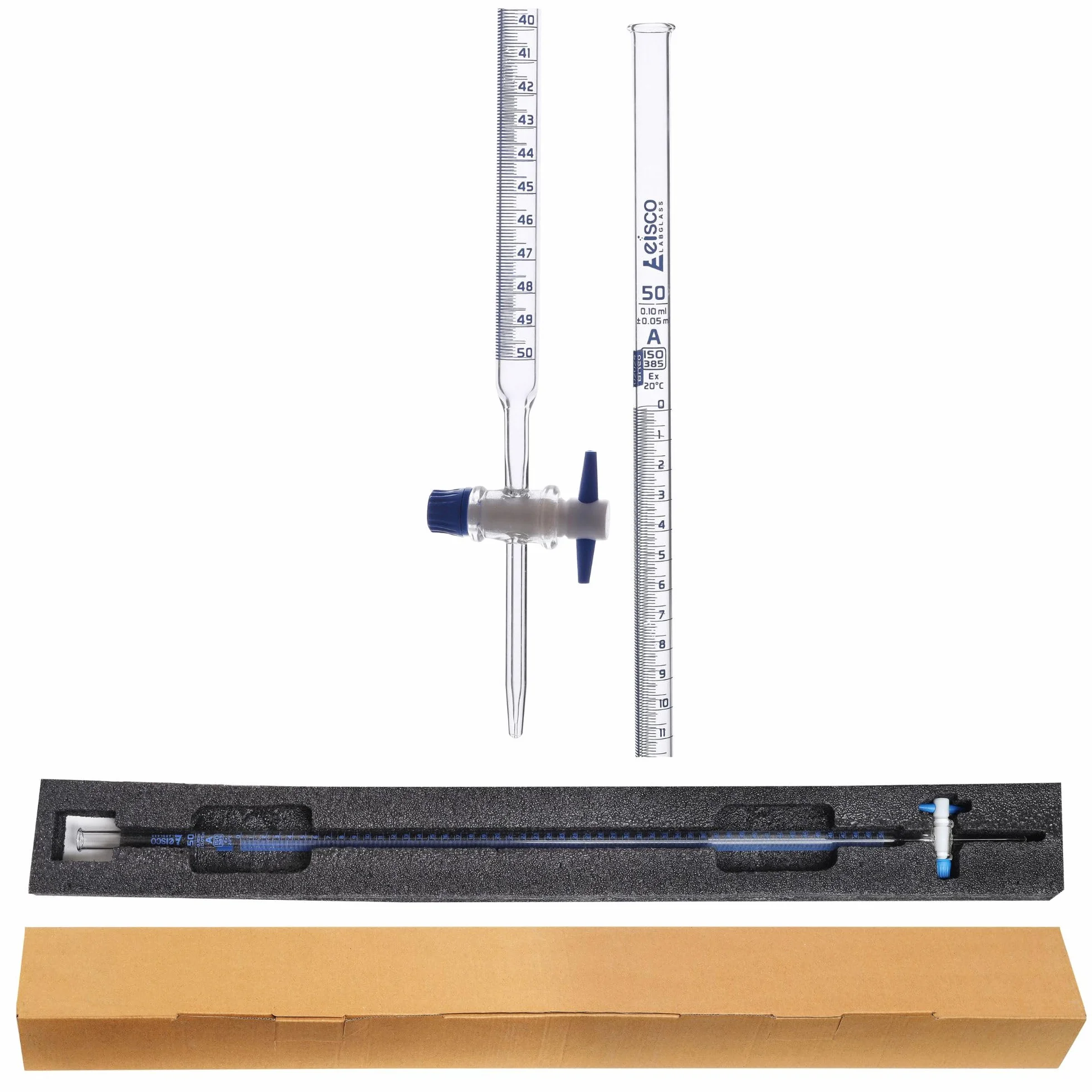 Eisco Labs - Buretta classe A ±0,05 ml, 50 ml, vetro borosilicato con rubinetto di arresto a chiave in PTFE, certificato ISO 385, elevata durata e resistenza chimica, buretta con rubinetto, buretta a