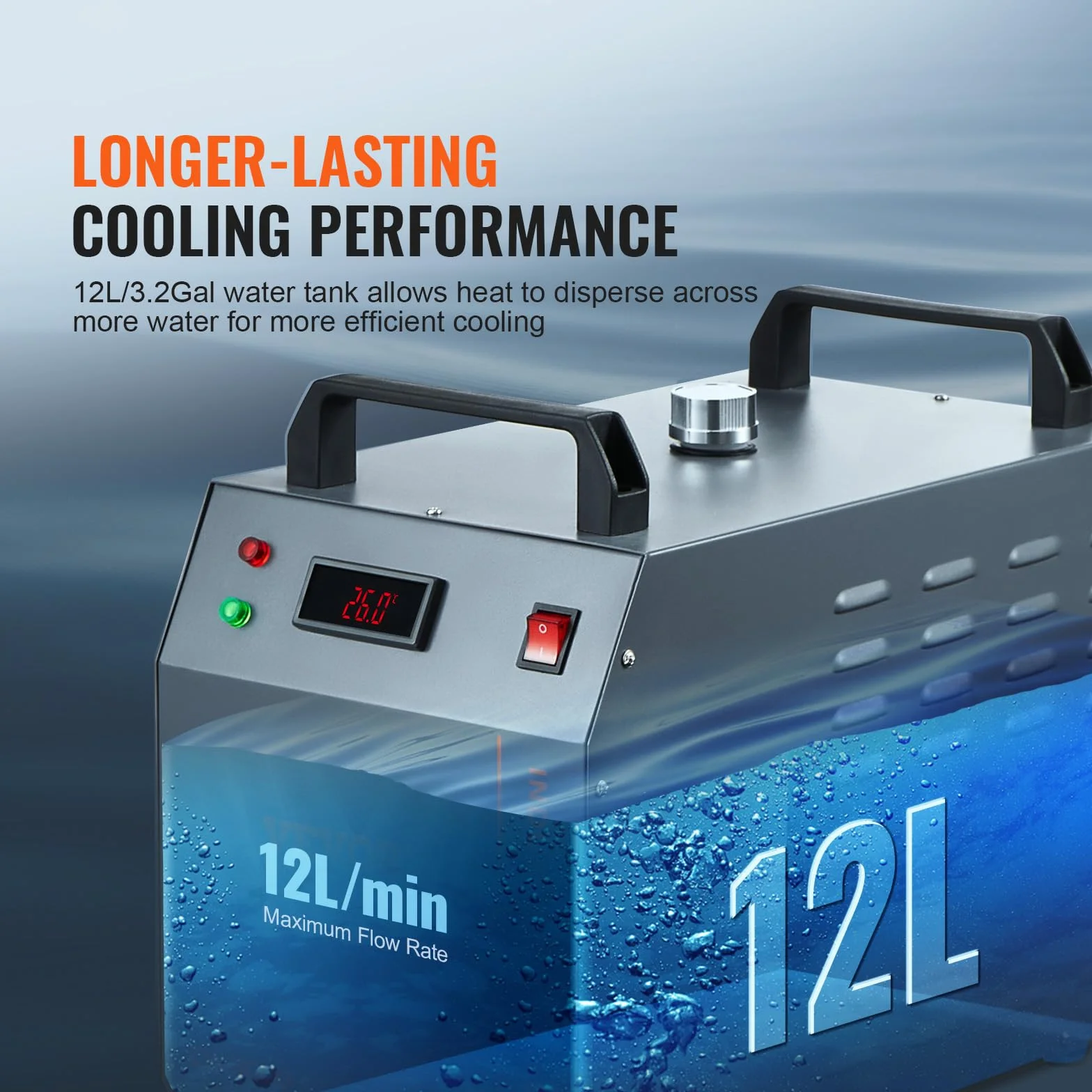 VEVOR Refrigeratore d'acqua industriale, CW-3000, sistema di raffreddamento aria acqua 80 W, capacità serbatoio dell'acqua di 12 litri, flusso massimo 12 l/min per macchina incisione laser