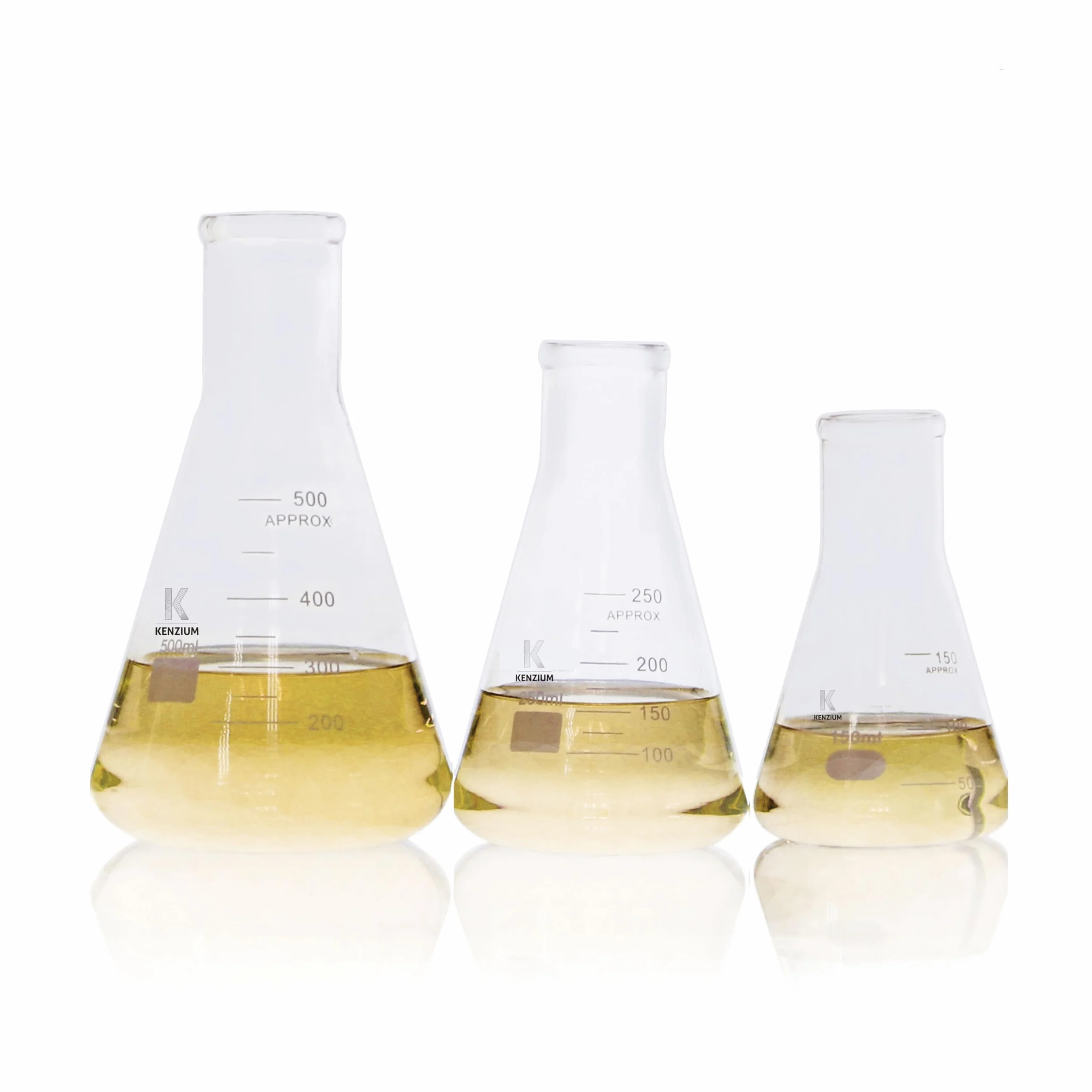 KENZIUM - Pack 3 x Beuta Erlenmeyer | Formati: 150, 250 e 500 ml | Vetro Borosilicato 3.3 | Graduazione Stampata | Collo Stretto | Ideale Laboratorio, Scuola