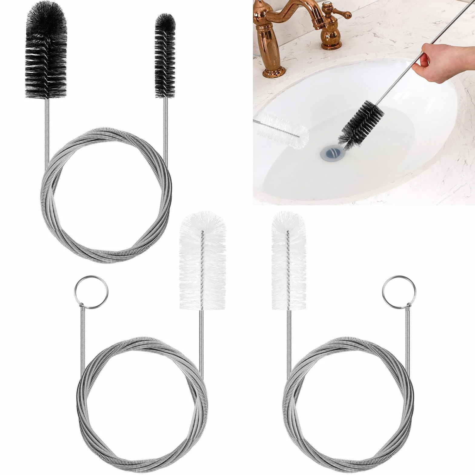 200cm Stura Tubi di Scarico Flessibili Pulisci Tubature Pulisci Tubi Scarico Spazzola Pulizia Scovolino Doppio per Cucine Vasche Bagno Servizi Igienici Fognature lavandino Nero