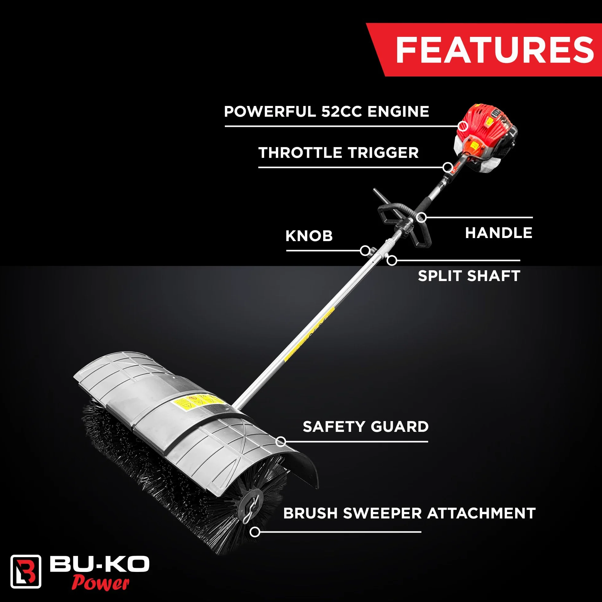 BU-KO Accessorio Spazzola Attrezzo da Giardino Multifunzionale Spazzatrice Robusta per Esterni per Pulire terrazze e vialetti. Compatibile con attrezzo 5-in-1 52cc, Facile da Fissare