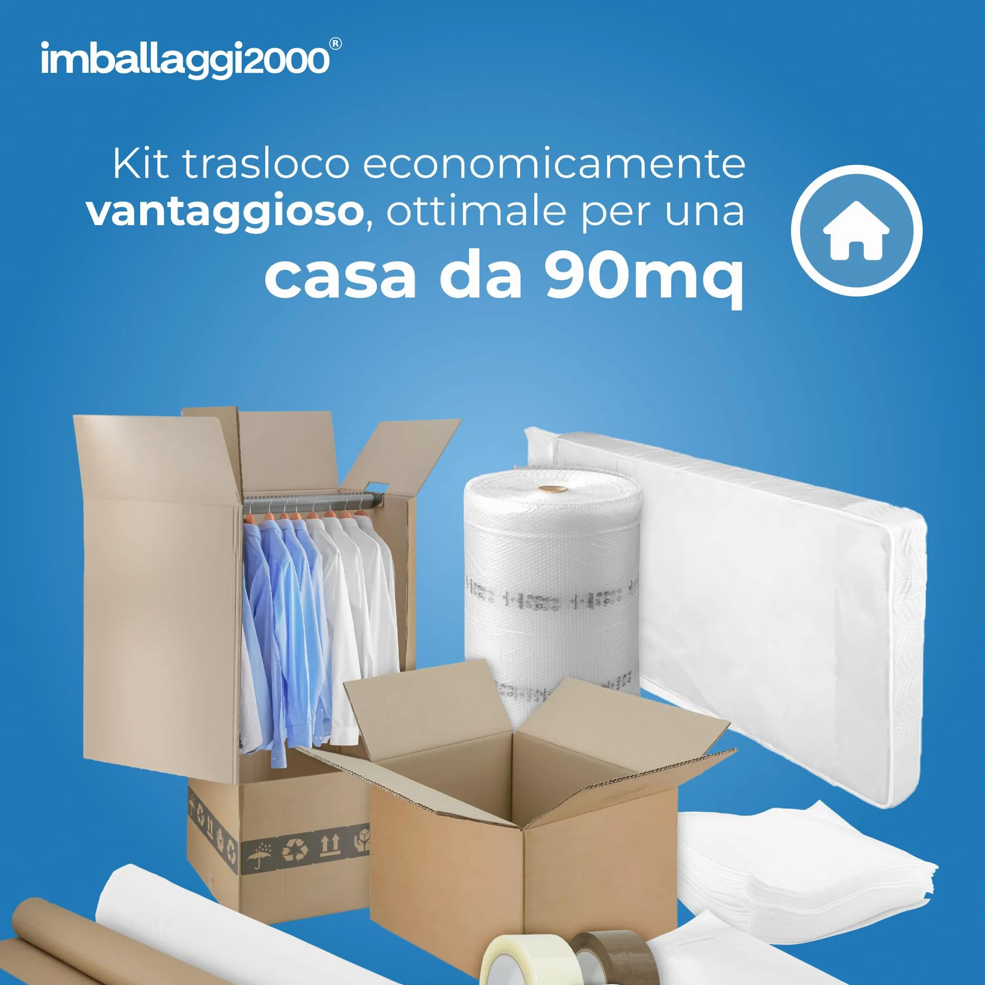 IMBALLAGGI 2000 - Kit Trasloco Appartamento 90mq - Scatoloni, Scatole Porta Abiti, Nastri da Imballo, Fogli Carta, Rotoli Pluriball, Sacco Materasso Matrimoniale e Singolo, Buste Porta Abiti