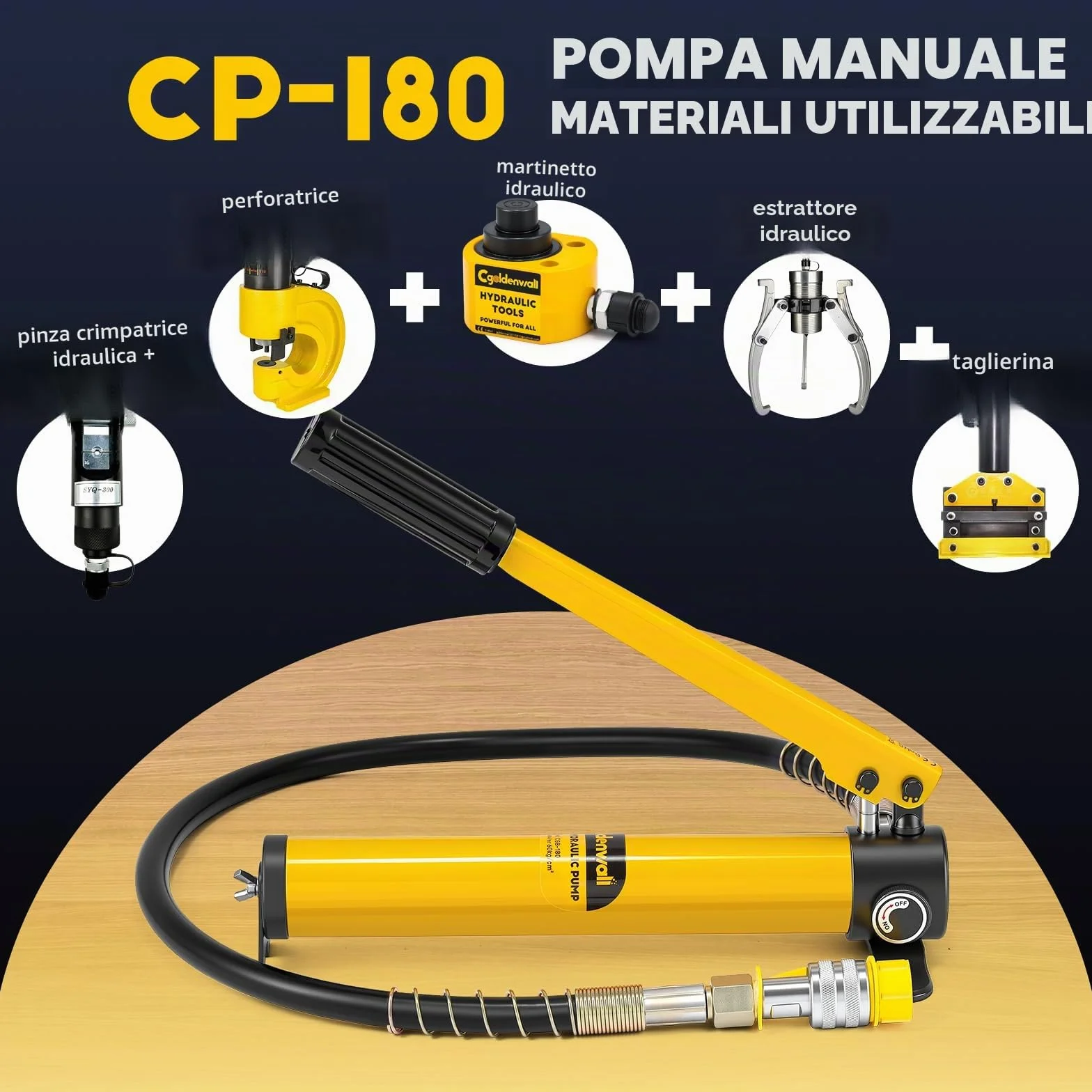 CGOLDENWALL CP-180 Pompa Idraulica Manuale, Alta Pressione 60kg/cm², Contenuto di Olio 400cc, con Lunghezza Tubo 0,8m, per Martinetti 10T/20T