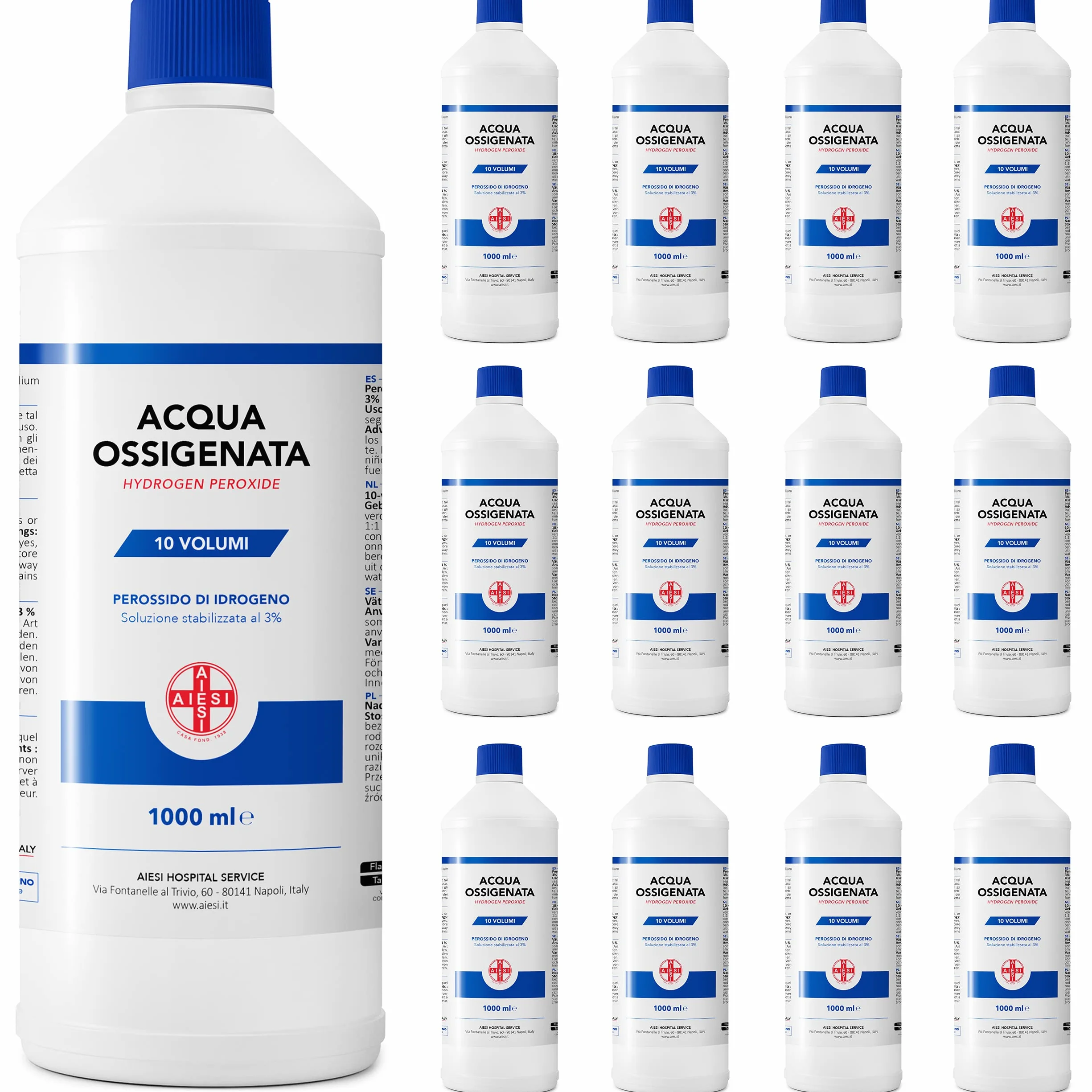 AIESI Acqua Ossigenata F.U. disinfettante 12x1000 ml con tappo sicurezza bambini Made in Italy