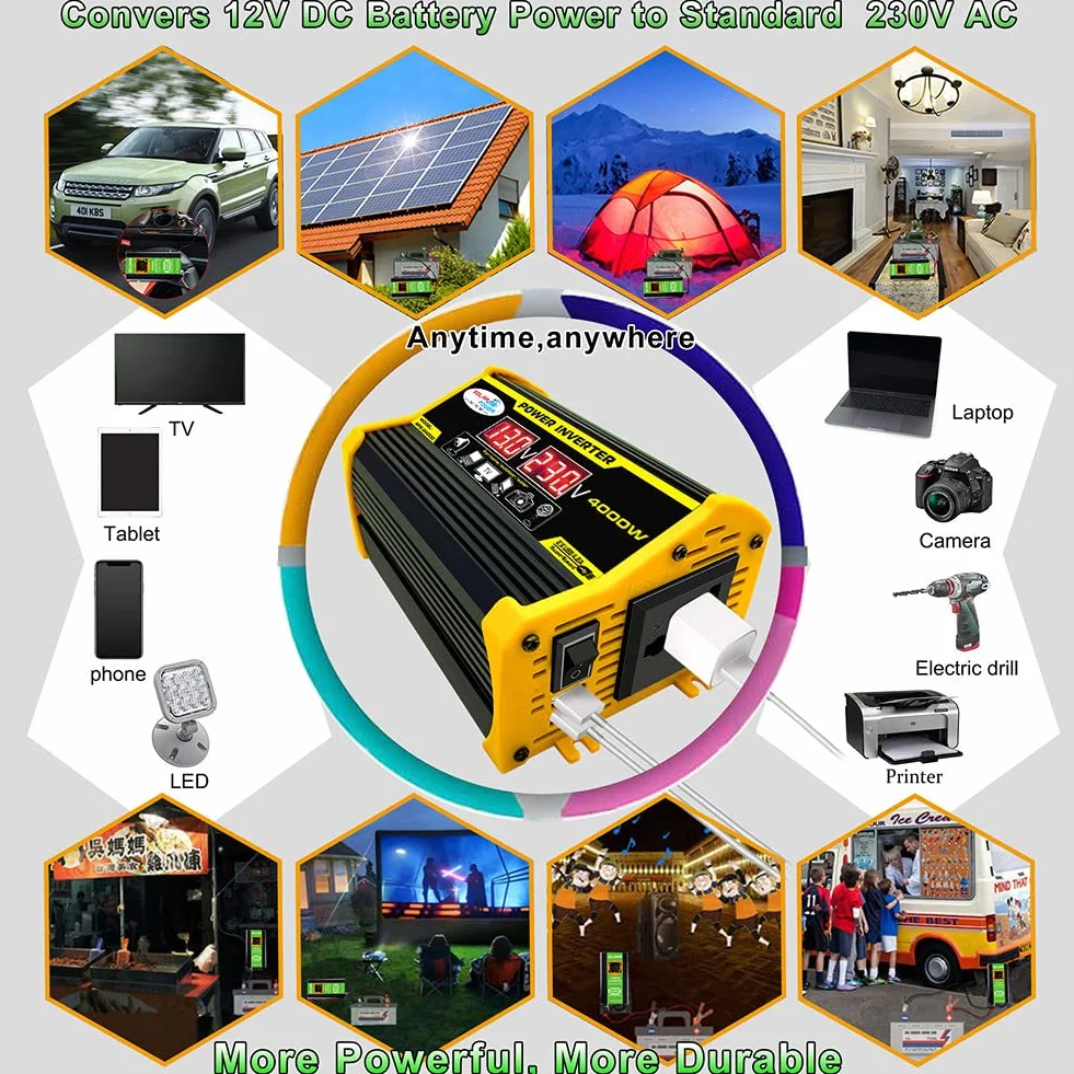 4000 W Car Power Inverter DC 12 V AC 110 V 220 V Convertitore Solare Nero