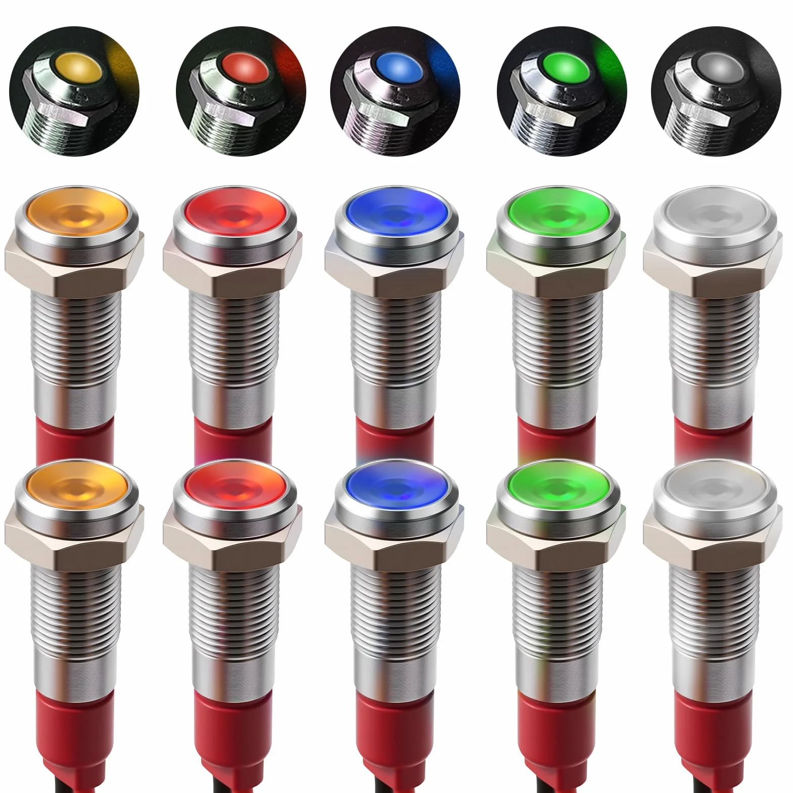 Indicatore LED 6mm 10Pcs AC/DC 12-24V Rosso/Verde/Giallo/Bianco/Blu Impermeabile per Moto