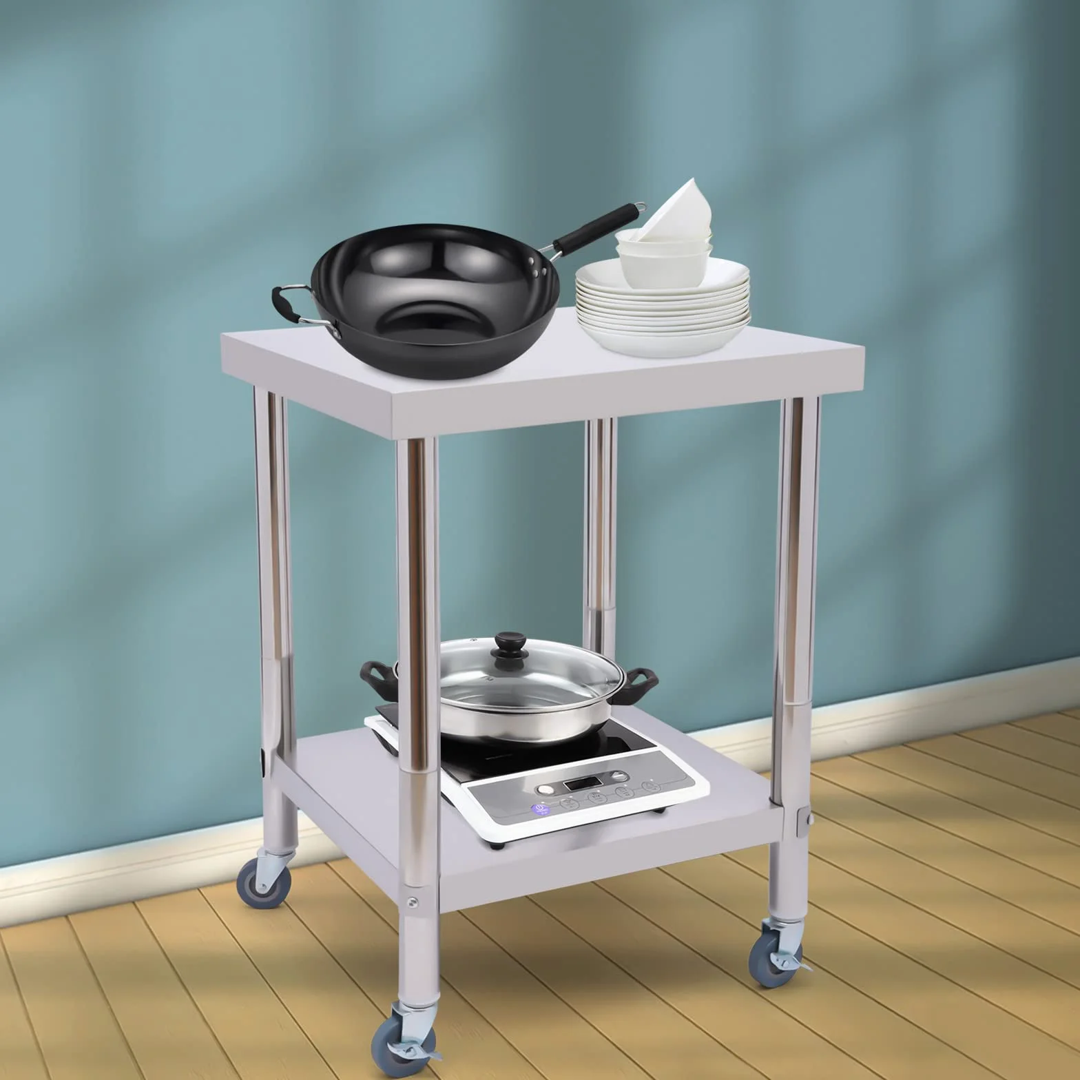 Tavolo da lavoro in acciaio inox, carrello servizio 60x60 cm, 2 livelli, 300 kg, adatto per cucine, hotel, panetterie, ristoranti