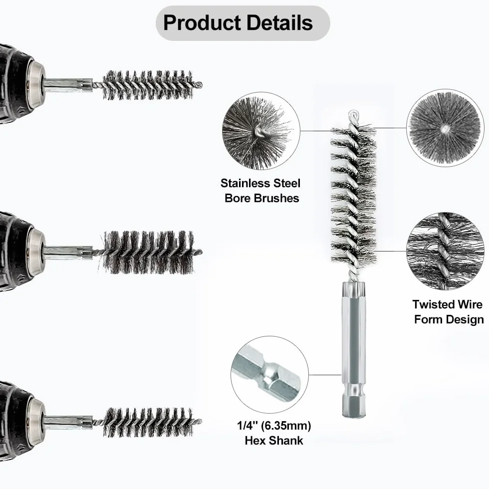 ASNOMY Set di 5 Spazzole in Acciaio Inox da 2,2 cm Con Foro, Setole per Pulizia di Trapani Elettrici, Spazzole Abrasive Con Gambo Esagonale da 1/4"