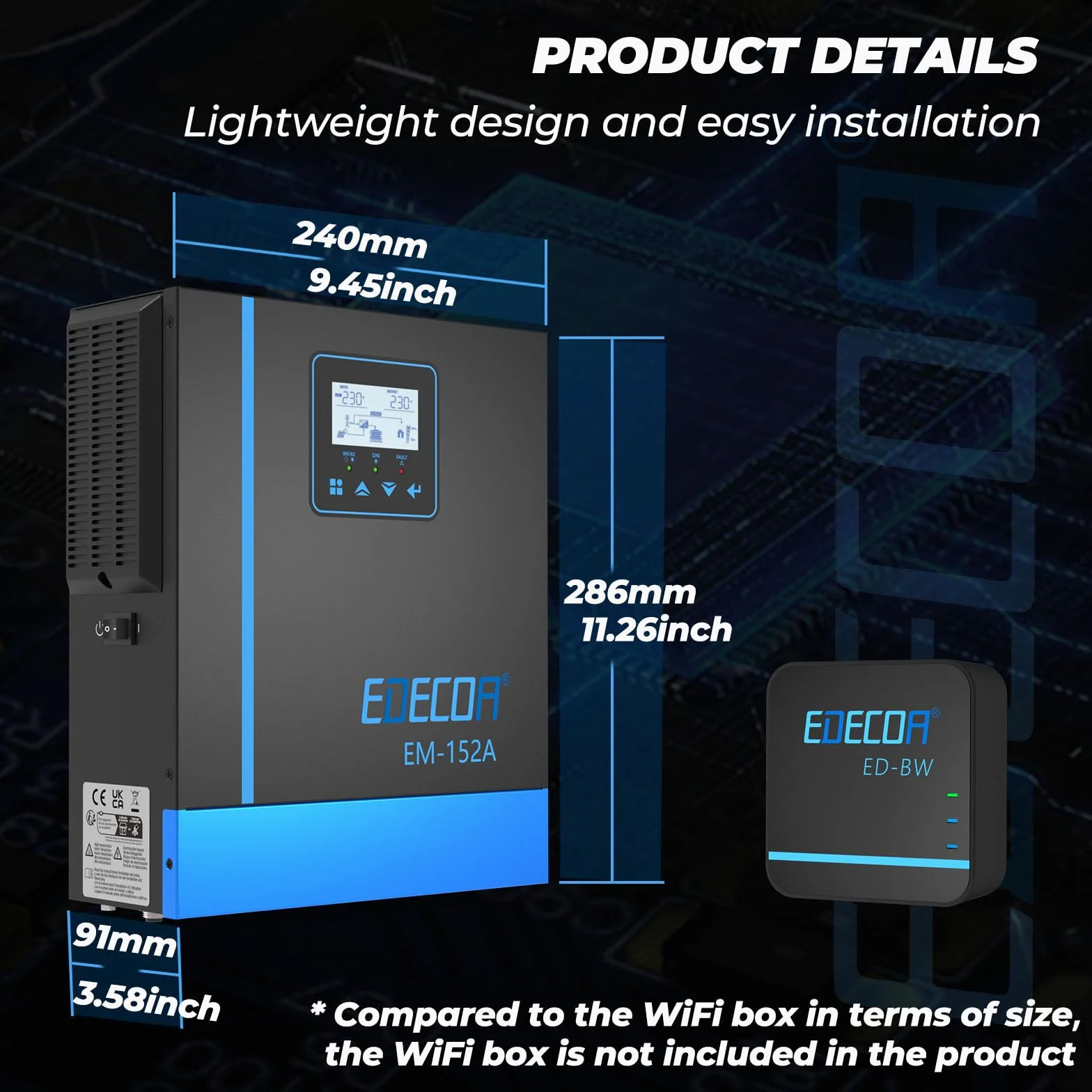 EDECOA Inverter ibrido 1500W 24 V 230 V 1500 VA caricatore solare MPPT 40 A Pur Sinus 30 – 150 Vdc Off-Grid BMS Comunicazione Caricabatterie Priorità di rete Regolatore di carica solare