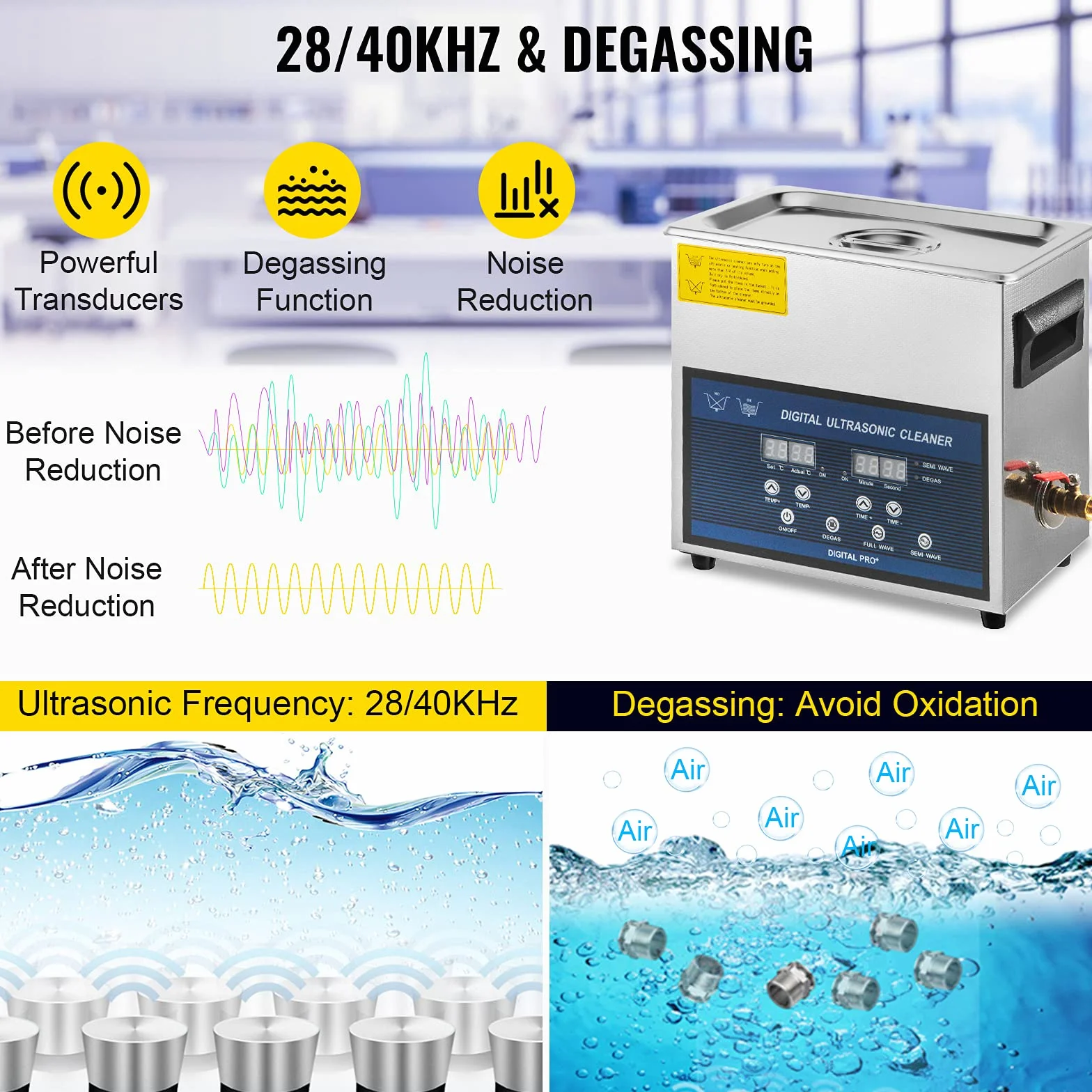 VEVOR Pulitore ad Ultrasuoni 6L Pulitore ad Ultrasuoni Professionale a Doppia Frequenza 28/40 KHZ Dispositivo di Pulizia Ultrasonica con Vasca in Acciaio Inox per Gioielli Occhiali Orologio Dentino