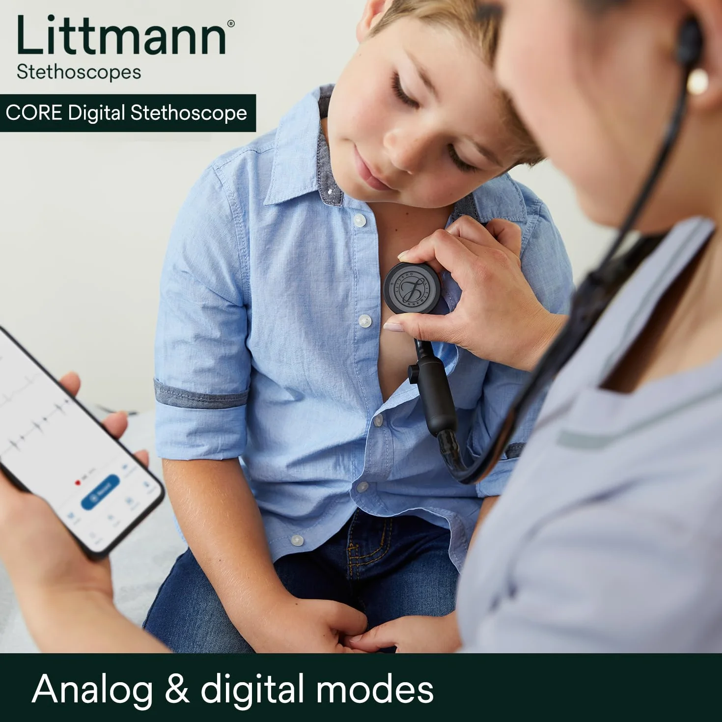 3M Littmann Stetoscopio Digitale CORE, 8490, testina nera, tubo, gambo e auricolare, 69 cm