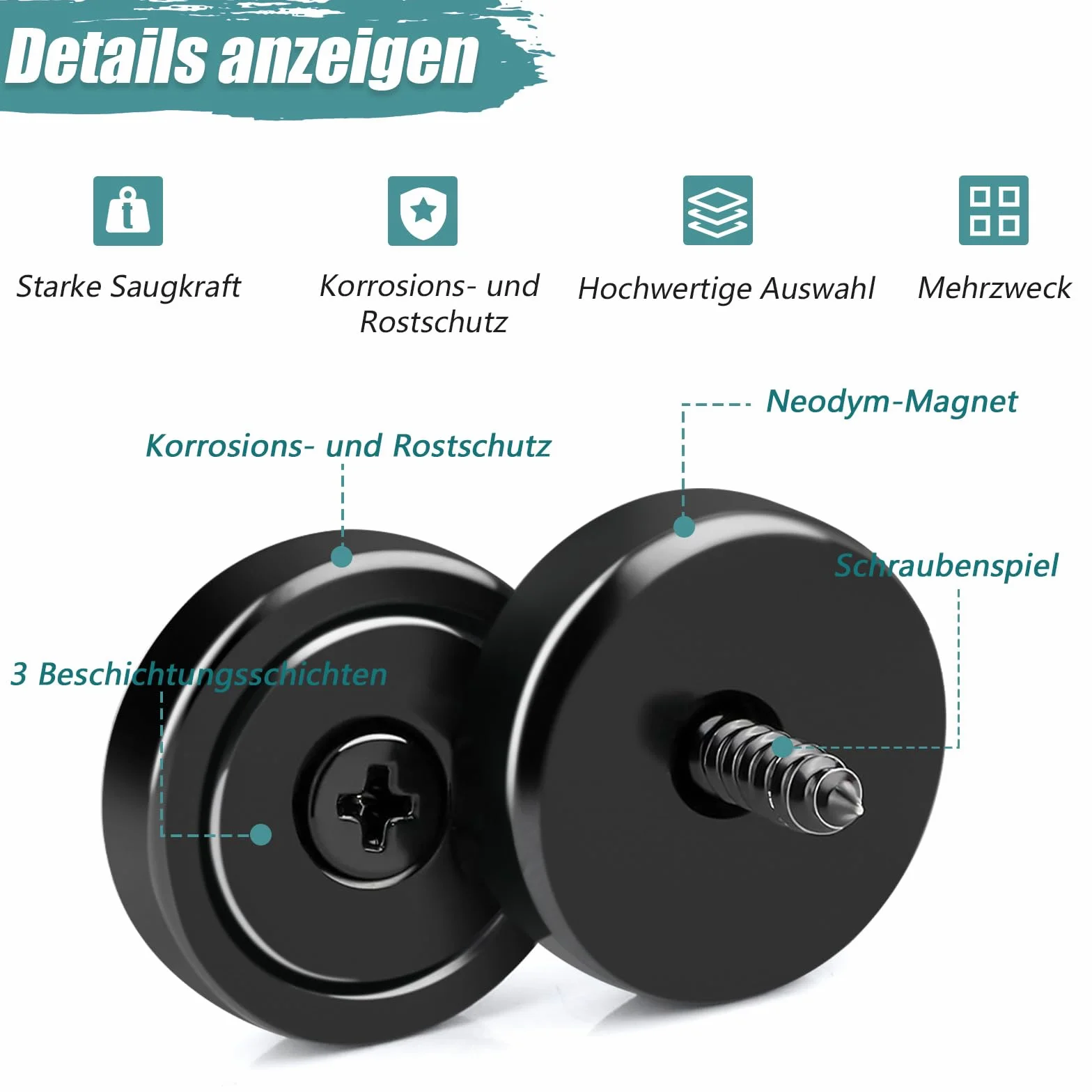 Magneti forti al neodimio 20x7 mm 10 kg nero con foro e capsula