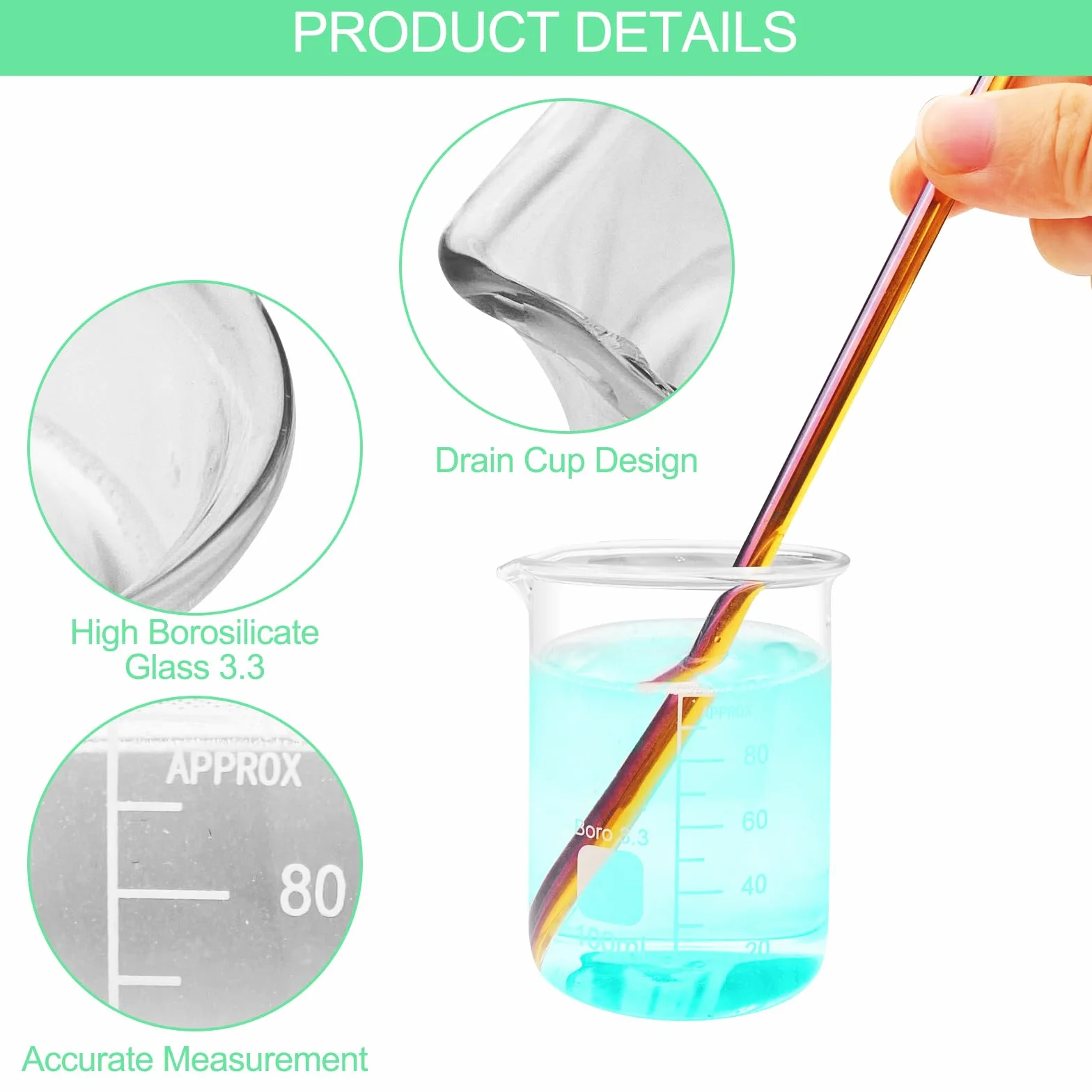Lixiluxia 5 Pezzi Bicchiere Graduato, Becher Graduato in Vetro Borosilicato 3.3, Contenitore Graduato per Liquidi, Vetreria da Laboratorio, Misurino Graduato in 5 Dimensioni 100ml 50ml 25ml 10ml 5ml