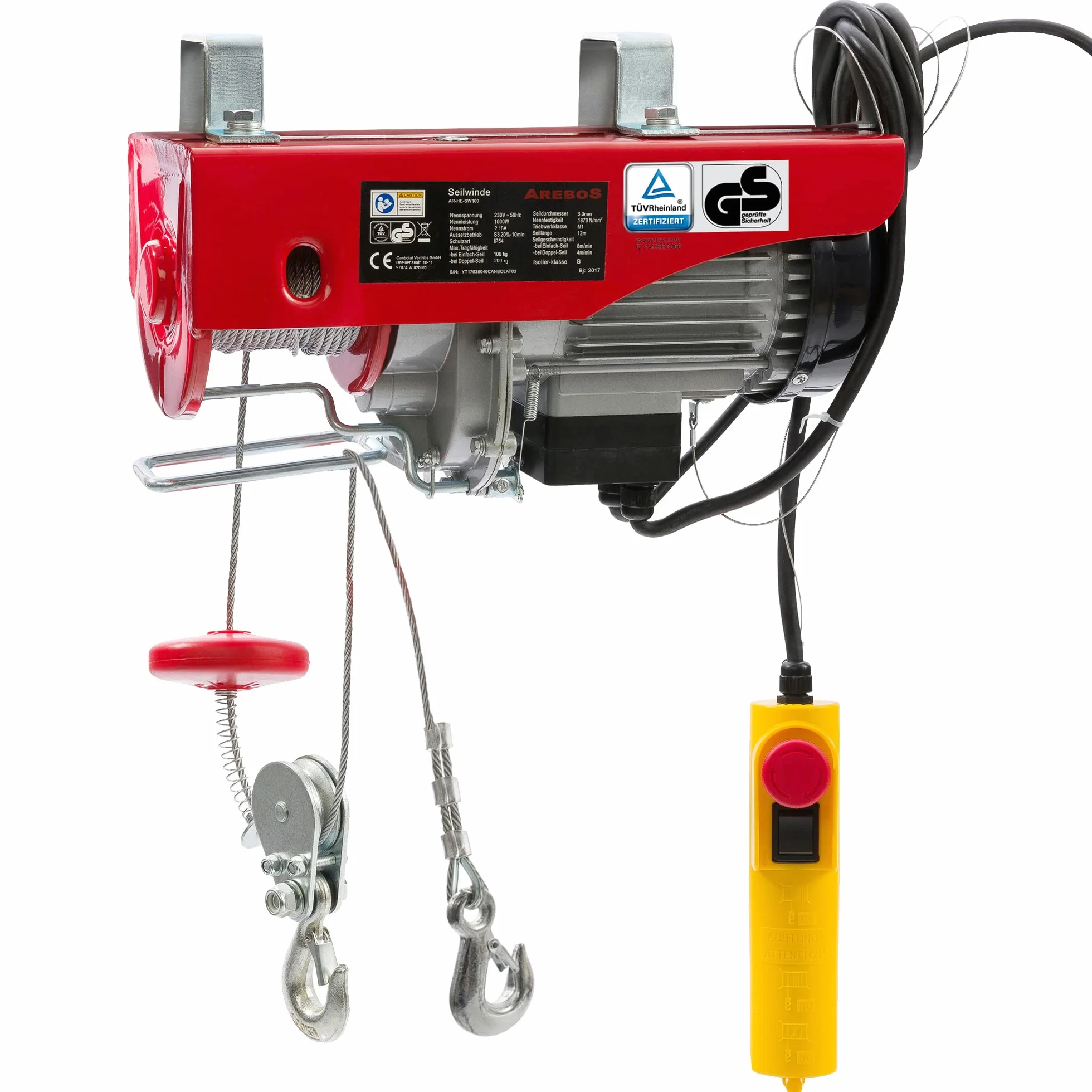 Arebos Paranco Elettrico | 100/200 kg | 500W | Verricello Elettrico | Montacarichi Paranchi Elettrici con Telecomando | altezza di sollevamento 12m | Verricellomontacarichi di Sollevamento