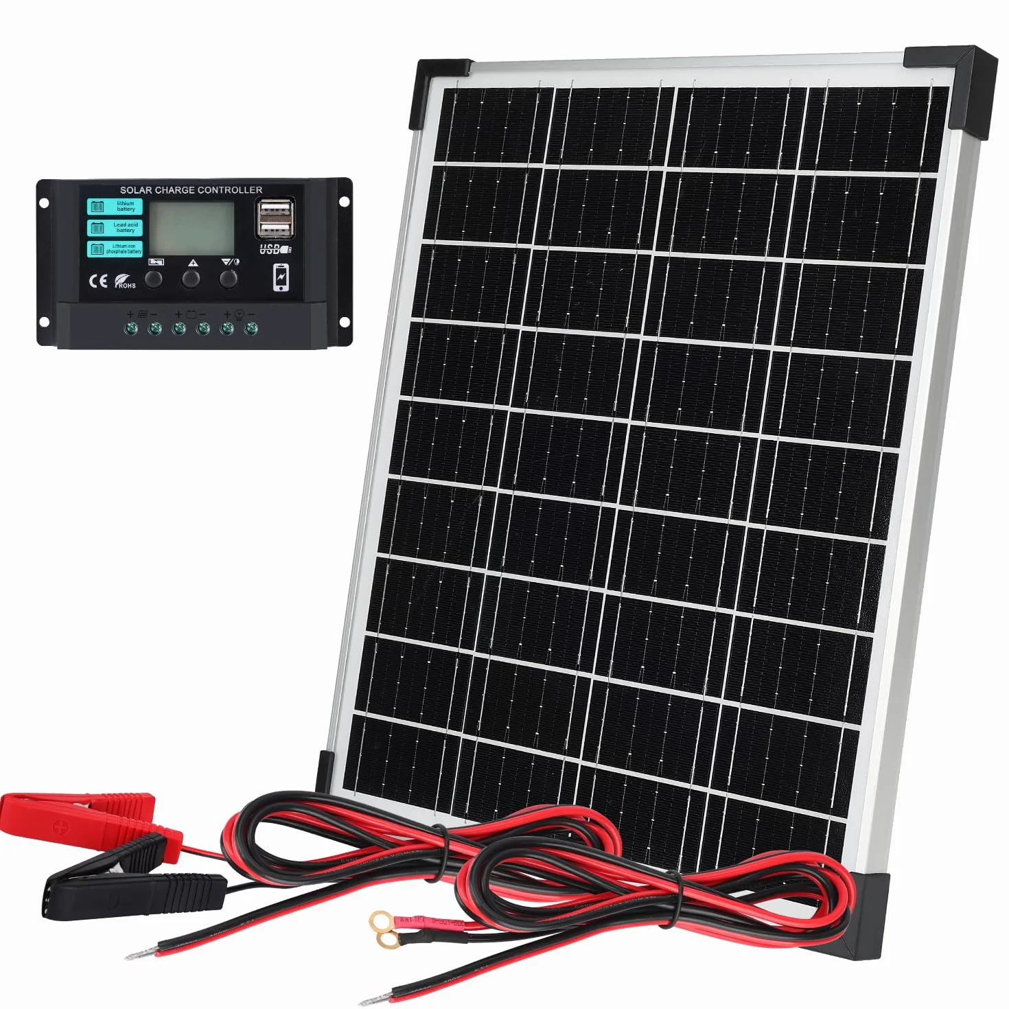 Kit di pannelli solari monocristallini per la manutenzione della batteria solare, regolatore di carica da 12 V, con cavo di prolunga e clip, terminale O-Ring, adatto per camper, auto, tetto,
