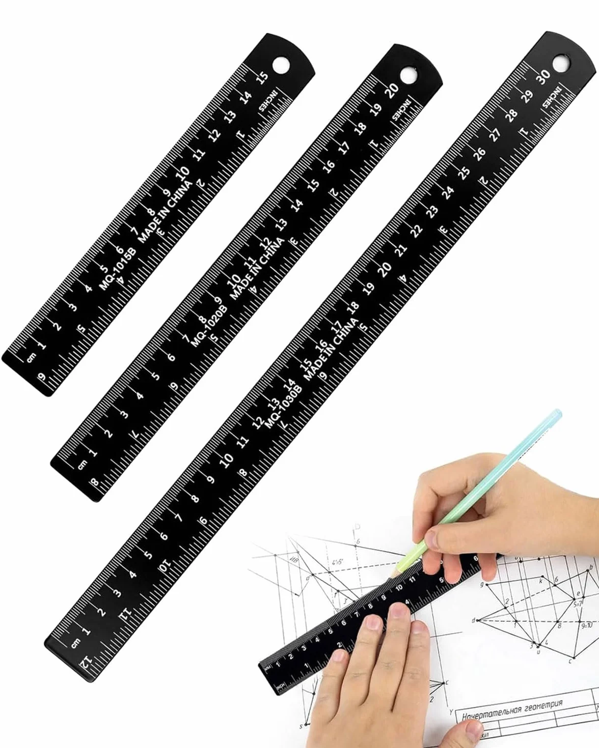 Set di 3 Righelli in Alluminio Nero DAFNE 15/20/30 cm con Tabella di Conversione Pollici-Millimetri per Studenti, Falegnameria