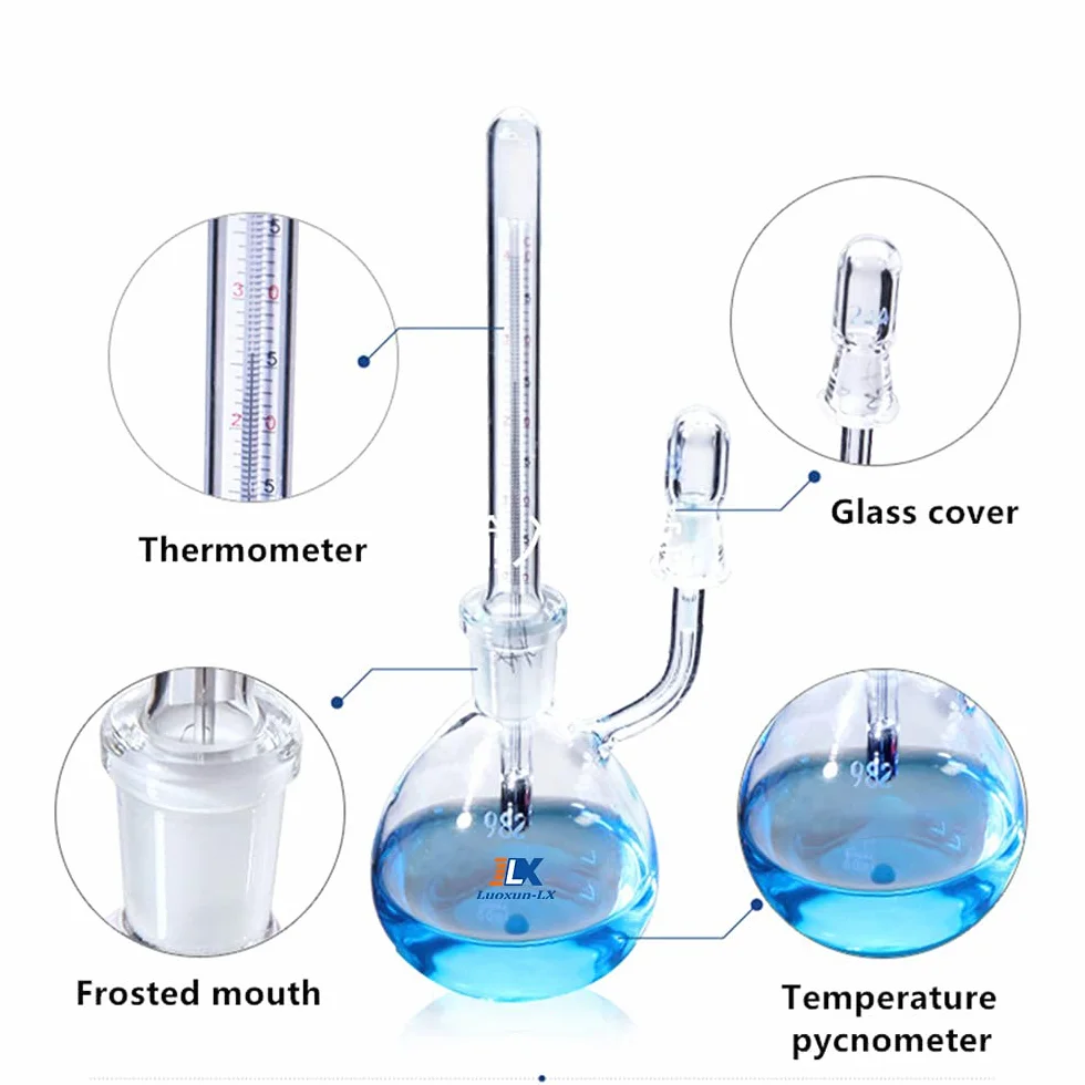 Flacone a gravità specifica, fondo piatto da 50 ml con termometro, picnometro in vetro da laboratorio (50ml)