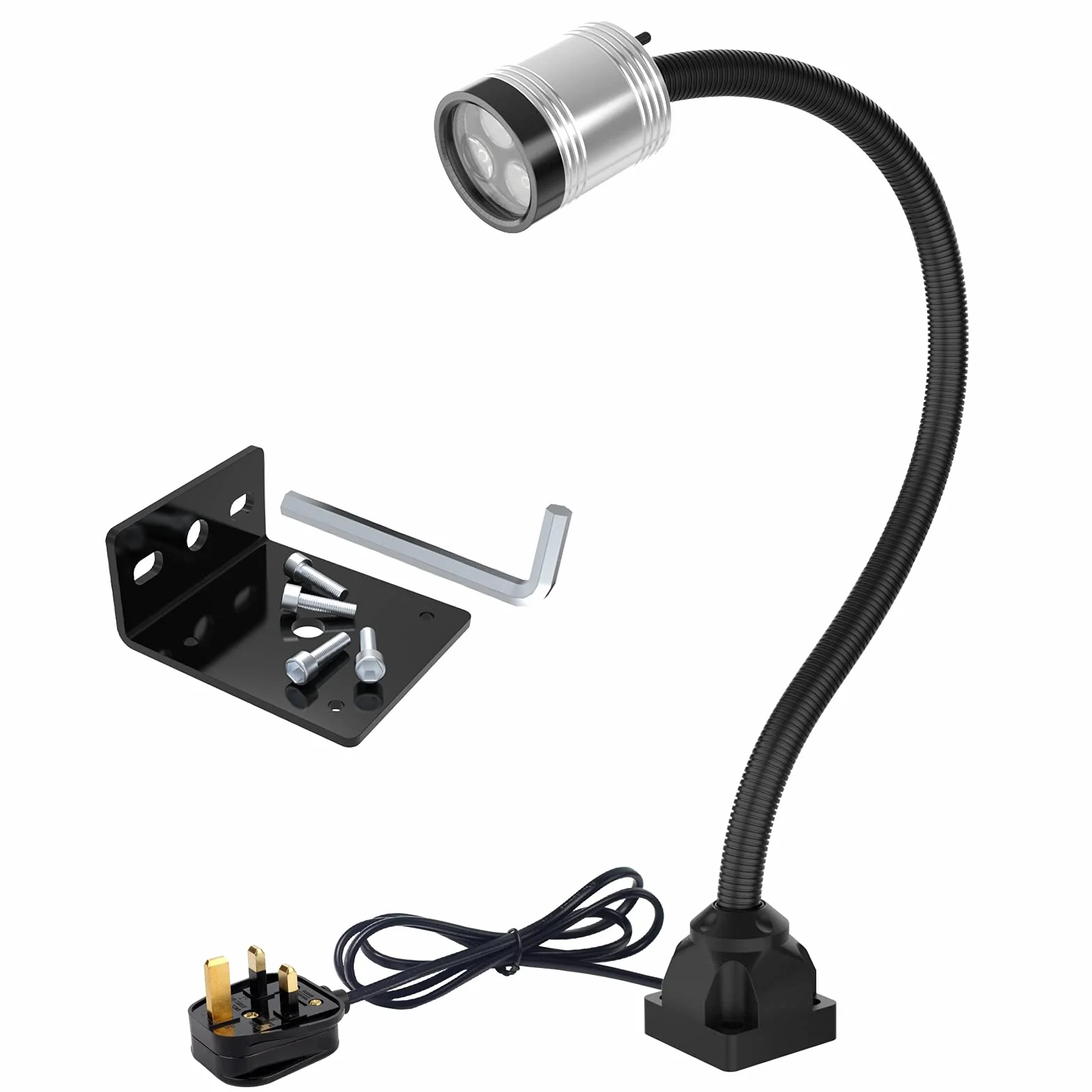 Luce da lavoro a LED, 9 W, 230 V, 500 mm, base fissa, flessibile, per tornio CNC, utensile industriale (spina UK)