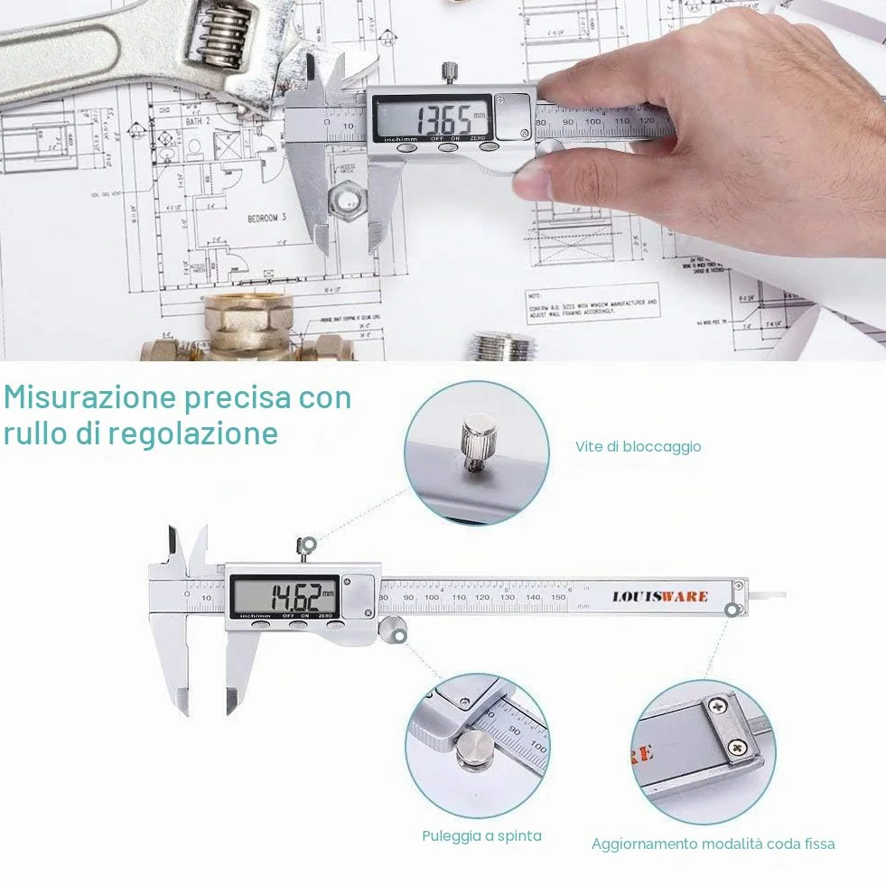 Calibro Digitale, Precisione Calibri in Acciaio Inox 150mm con Ampio Display LCD Micrometro Digitale Professionale per Misurazione Esterne, Interne, Profondità e di Passo