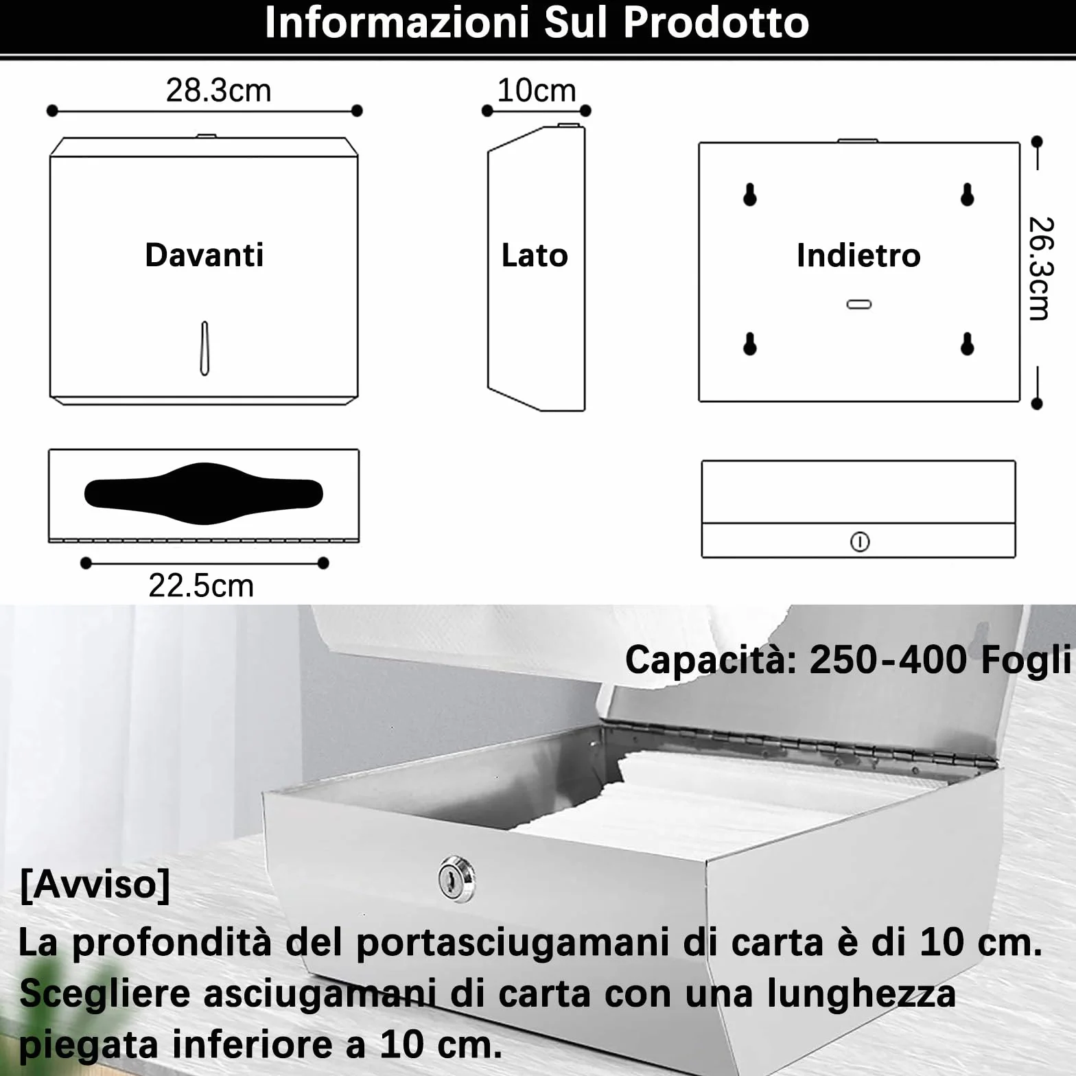 NICEME Dispenser Asciugamani di Carta Acciaio Inossidabile Bloccaggio 250-400 Asciugamani