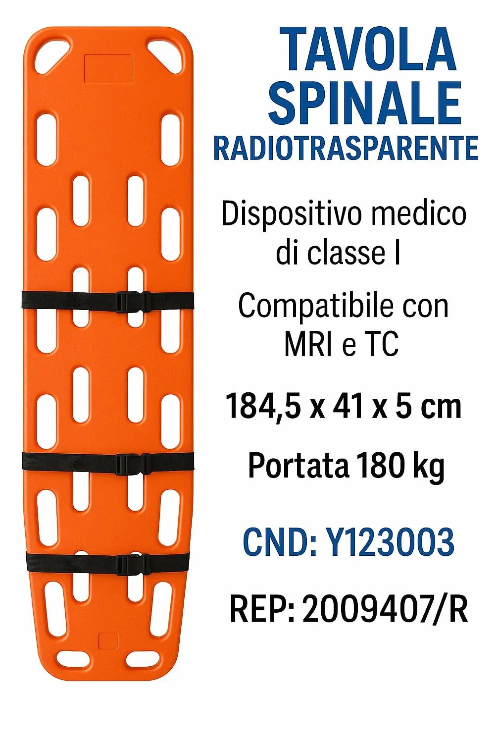 App Life Tavola Spinale Rigida in HDPE per Emergenza – Impermeabile, Galleggiante, per Adulti – Facile da Decontaminare, Compatibile con Immobilizzatori per la Testa, 150 kg Portata (Traforata)