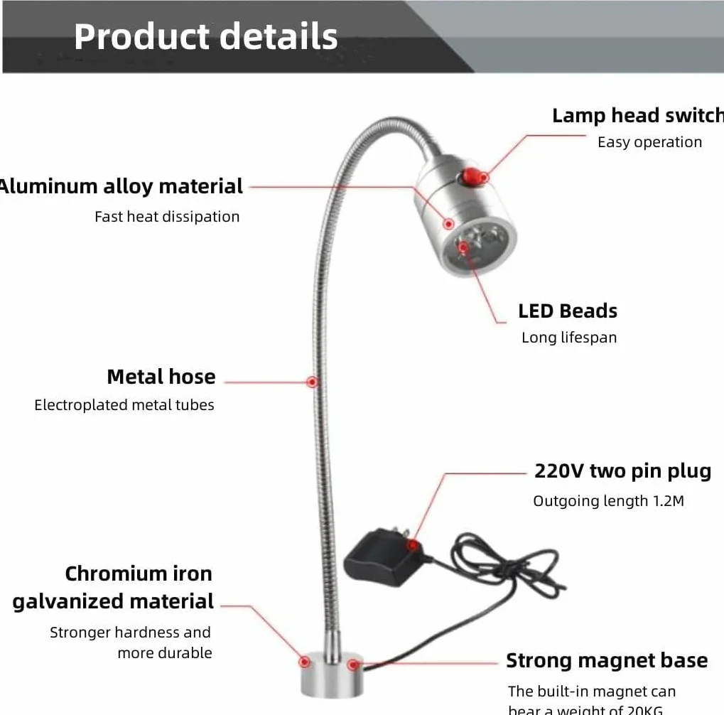 Luce da Lavoro, Luce per Macchina da Cucire, Luce per Macchine Utensili A LED, Illuminazione da Lavoro, Forte Base Fissa Magnetica, Giunto Cardanico, 5w 220v, Adatto per Varie Attrezzature,