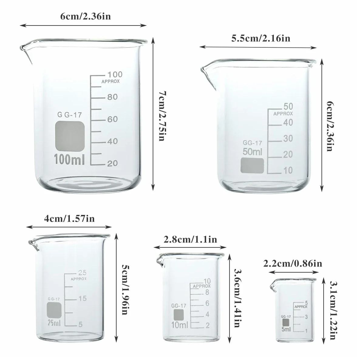 BUYGOO 5PZ Bicchiere Graduato 5ml 10ml 25ml 50ml 100ml Bicchieri con Beccuccio Set di Misurini in Vetro Bicchieri da Laboratorio Vetro da Laboratorio Bicchieri da Laboratorio per Esperimenti, Cottura