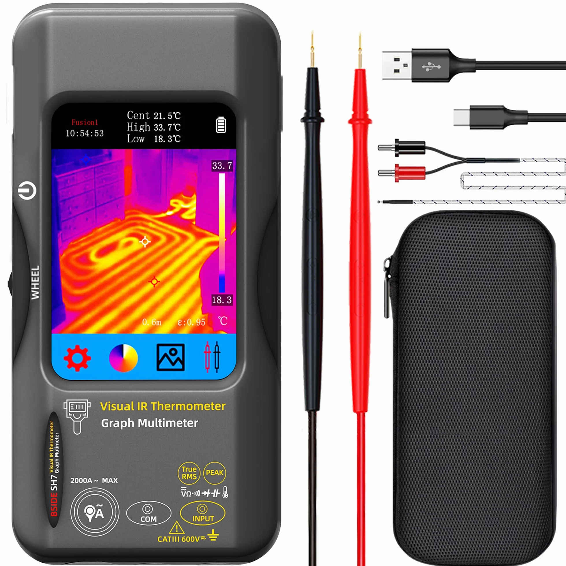 BSIDE SH7 Termocamera Multimetro 320×320 Risoluzione con 20000 conteggi Multimetro 3,98'' TFT Touchscreen 25Hz Termocamere infrarossi (-20℃-1300℃) con 15 tavolozze termiche TRMS Auto-Ranging Tester