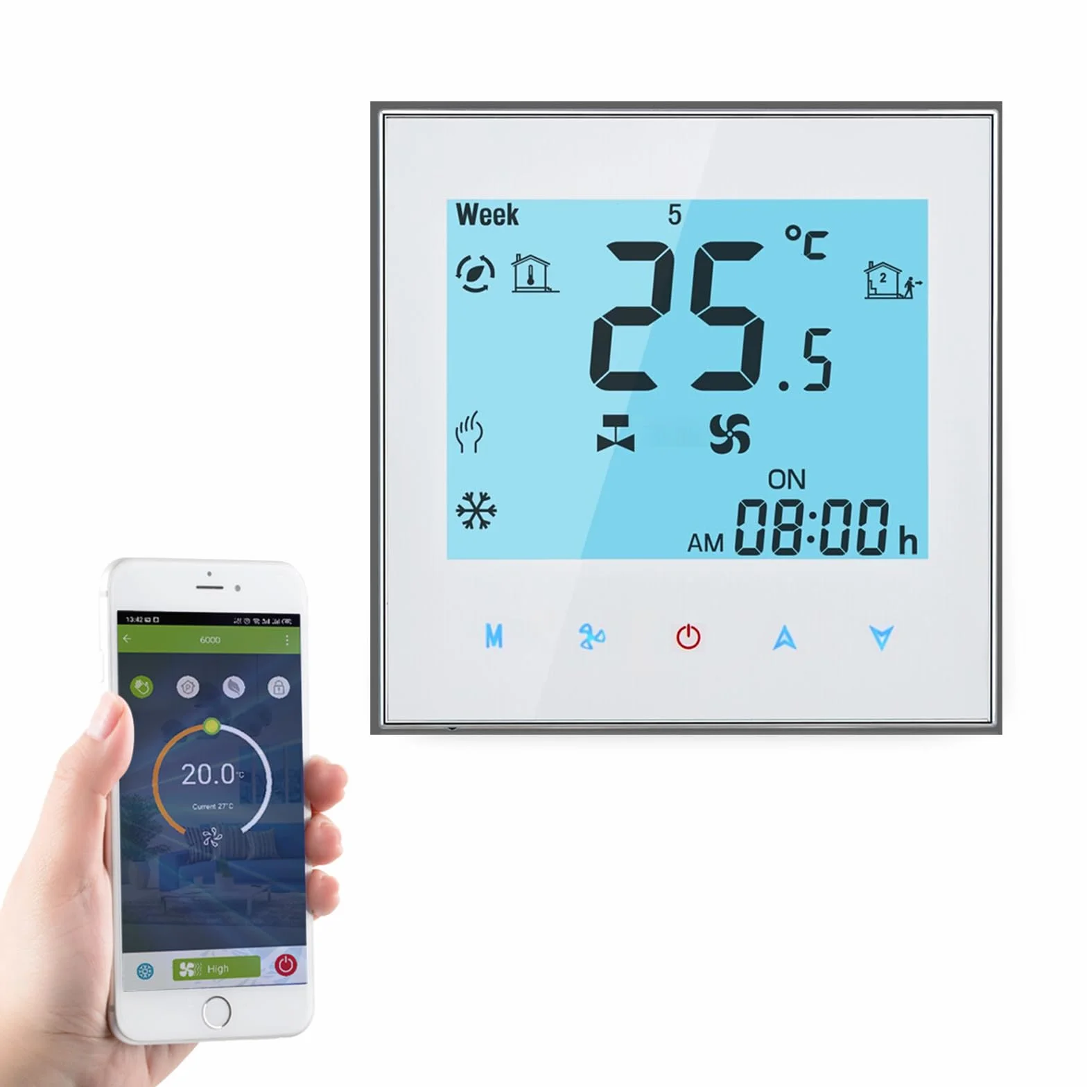 Termostato Smart Wifi Aria condizionata Regolatore di temperatura con schermo LCD a 2 tubi, Funziona con Alexa Google Home, Illuminazione morbida dello schermo, 95~240 V CA.