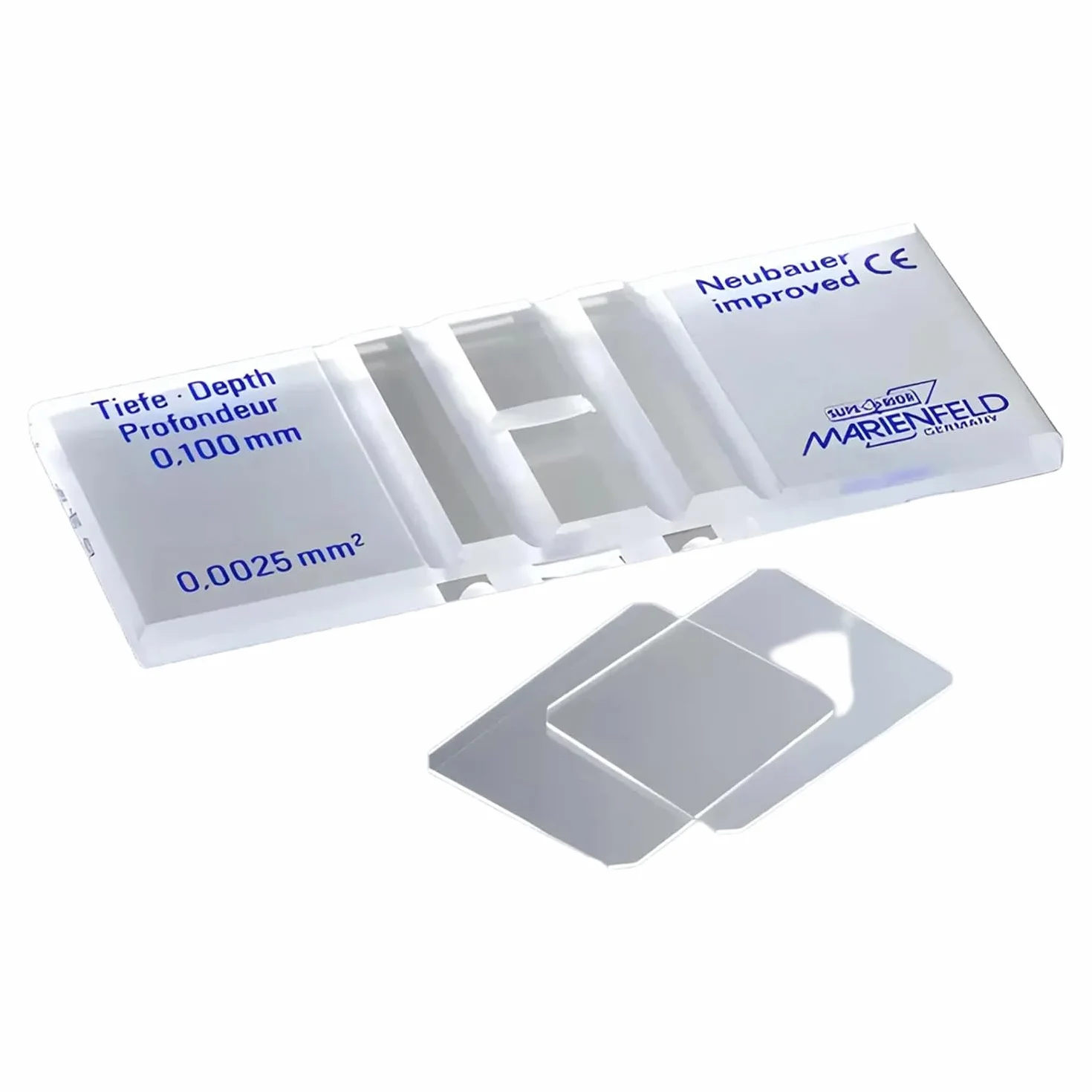 Marienfeld Camera di conteggio superiore in vetro speciale ottico con linea luminosa senza morsetto a molla, sistema Bürker, profondità camera 0,1 mm