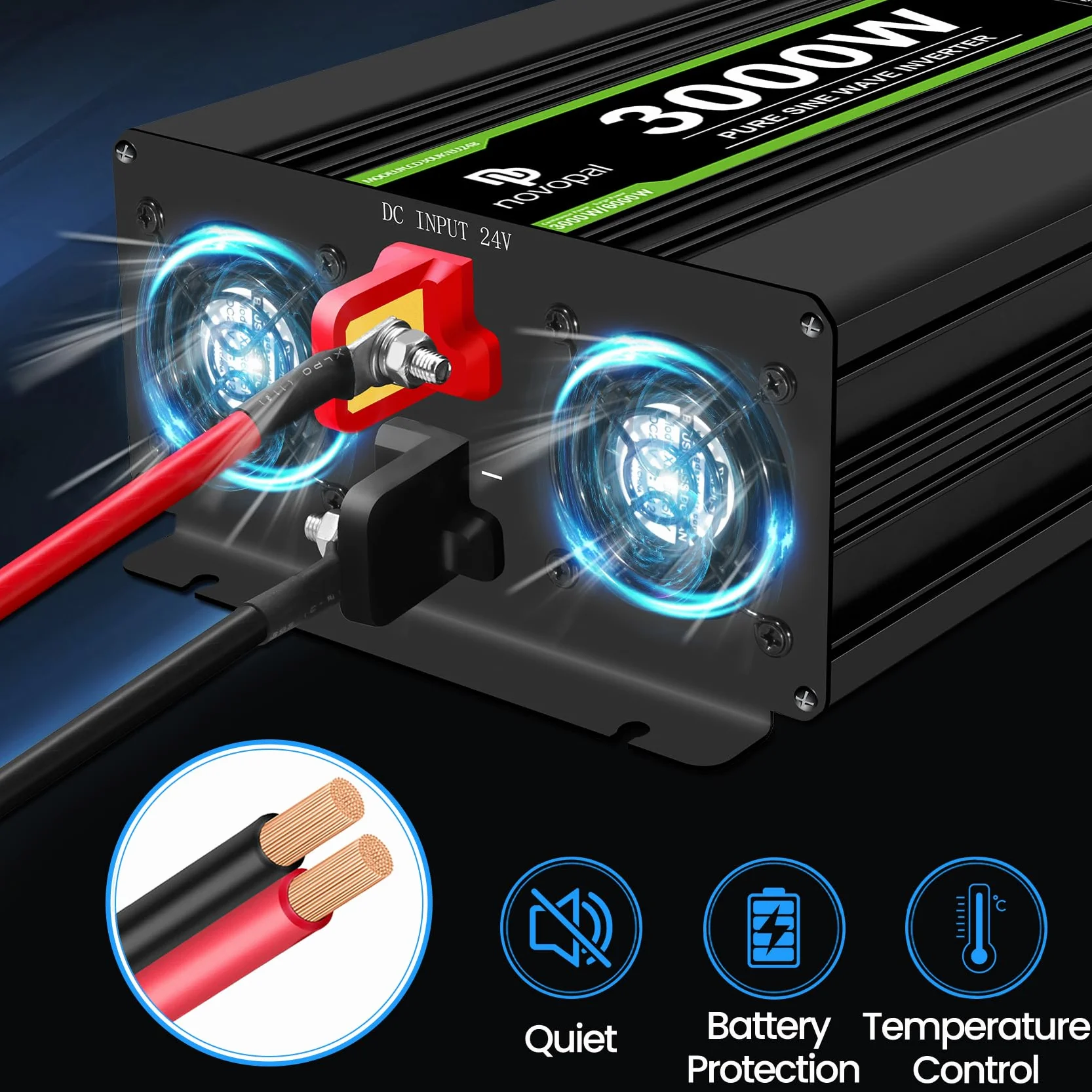 Novopal 3000W Onda Sinusoidale Pura Power Inverter DC 24V in AC 220V con Display LCD Codici di Errore,2 EU Presa con USB QC3.0 18W,5M di Telecomandoper per Camion Camping Macchina da Caffè