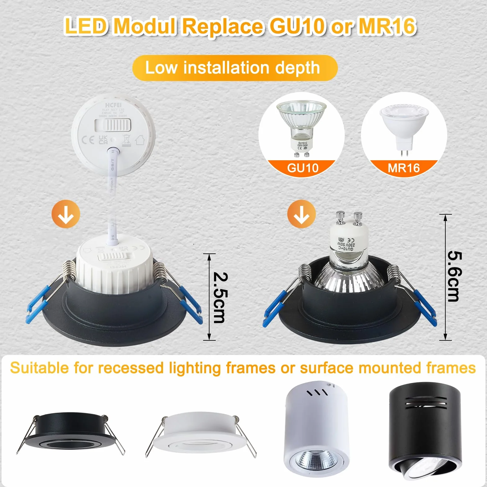 HCFEI Modulo LED ultra piatto, diametro 50 x 24 mm, per faretto da incasso, 5 W, 450 lm, 110° 230 V, bianco caldo, bianco naturale, bianco freddo, sostituisce lampadine GU10 MR16, impermeabile IP44