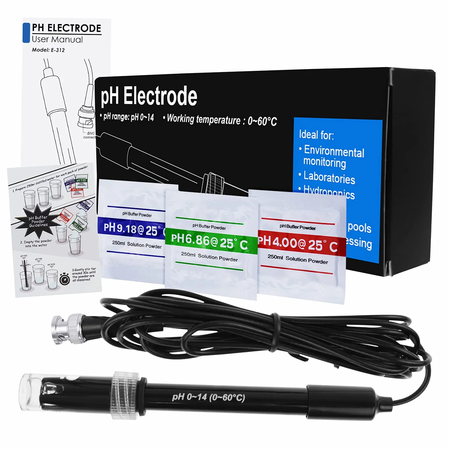 Elettrodo pH di alta Precisione con Polvere di Calibrazione, Sonda 0-14 pH con connettore BNC e cavo da 300 cm per un'ampia Applicazione